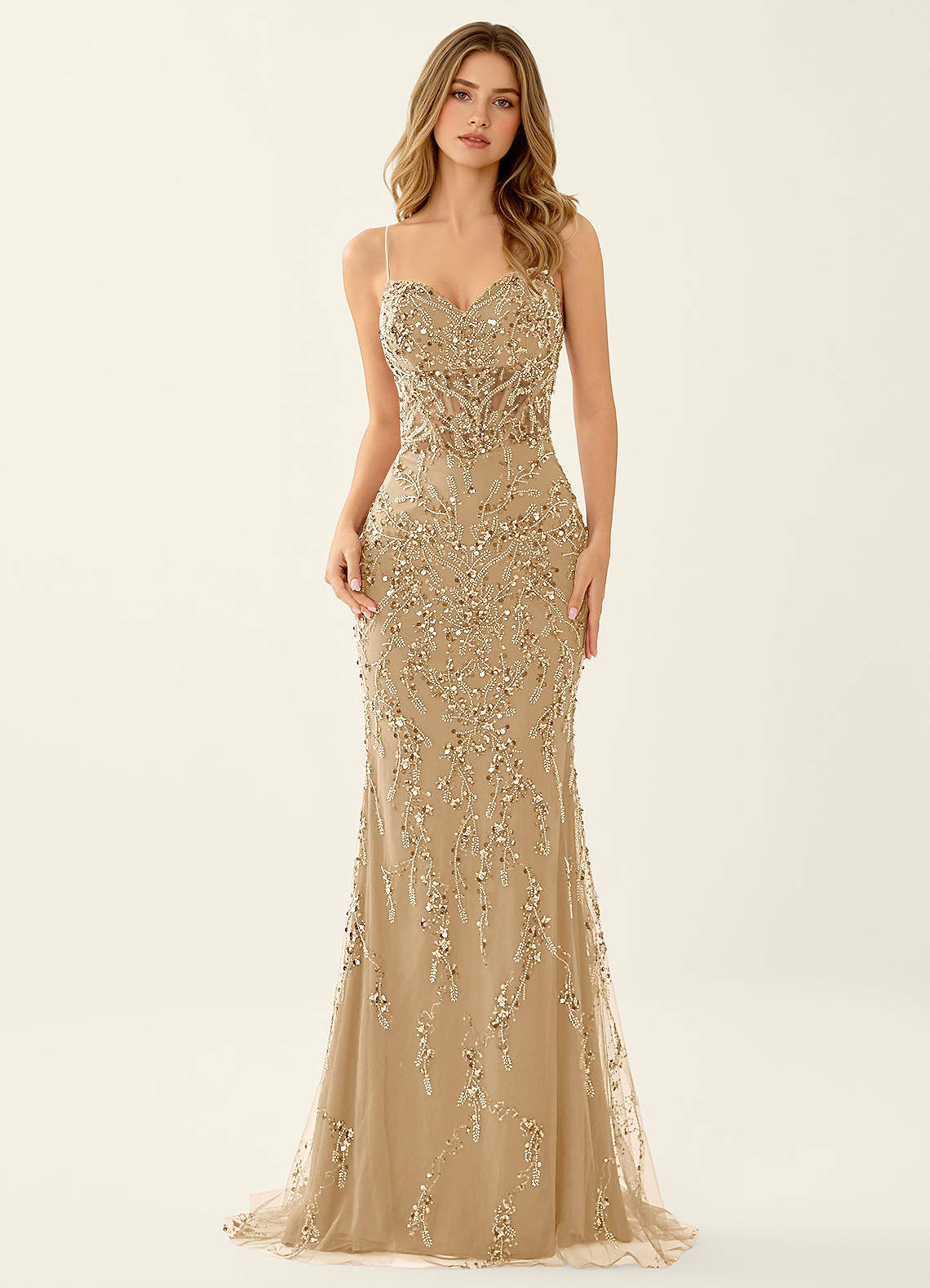Zivah Champagne Beaded Corset Lace Up Back Mermaid Dress image3