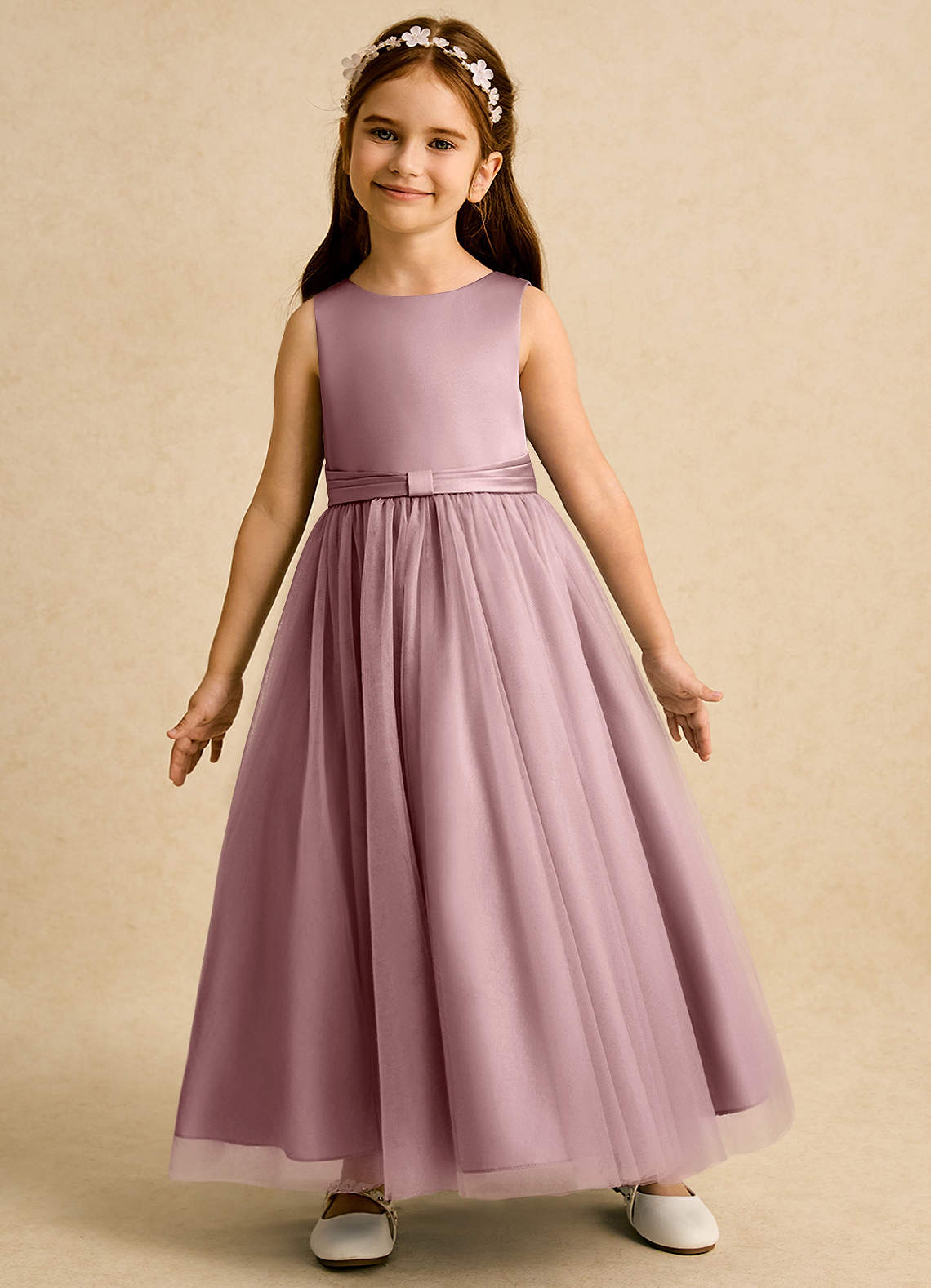 Azazie Lior Flower Girl Dresses Dusty Rose Ball-Gown Pleated Tulle Dress image3