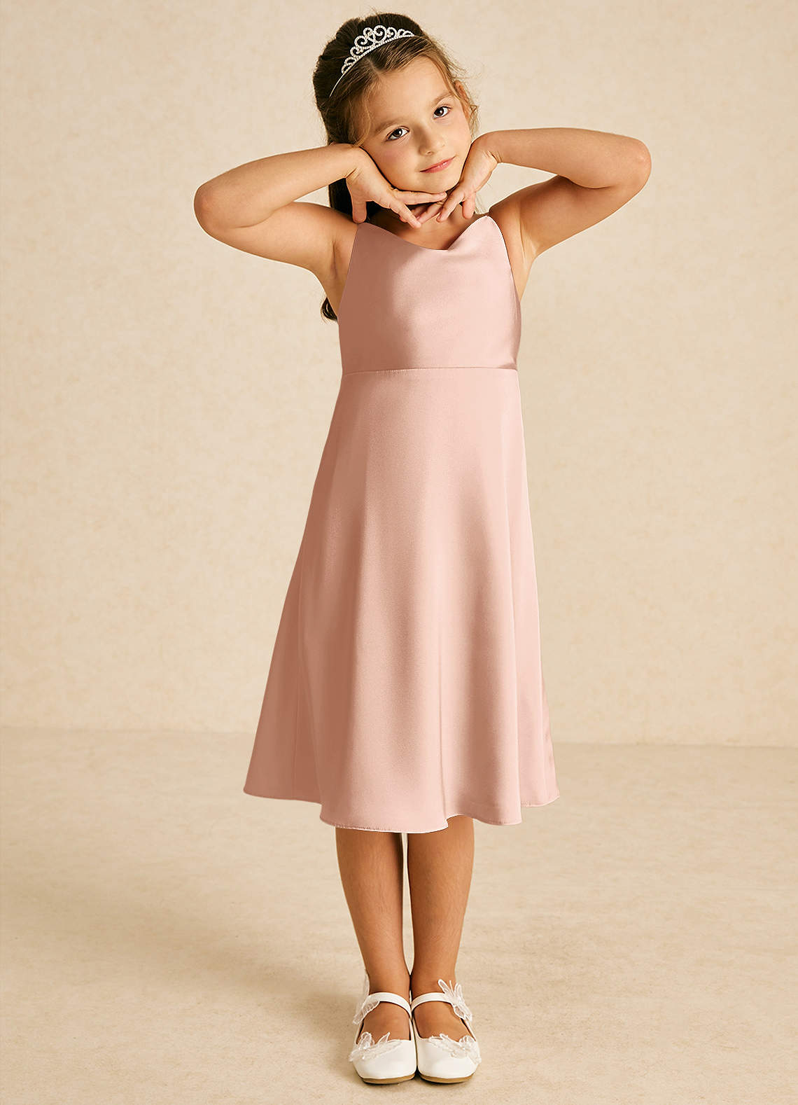 Azazie Zuzu Flower Girl Dresses Rose Gold A-Line Spaghetti Strap Stretch Satin Dress image1