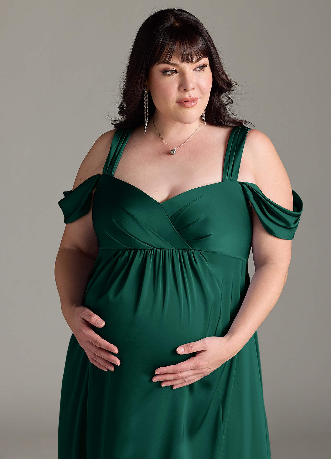 Azazie Rhea Maternity Bridesmaid Dresses A-Line Off-The-Shouler Pleated Stretch Satin Floor-Length Dress image11