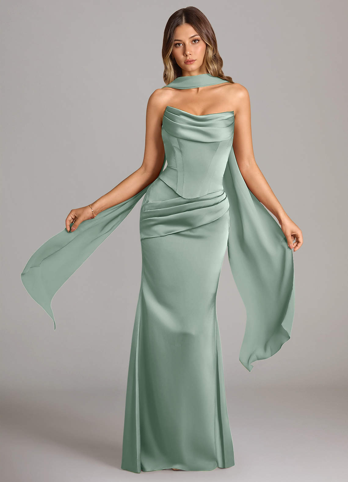 azazie try on bridesmaid dresses Sorrel Try-on Dress Sample Dress Agave Stretch Satin Brand_Aqua Ava Presley 42293 Long Size:J8