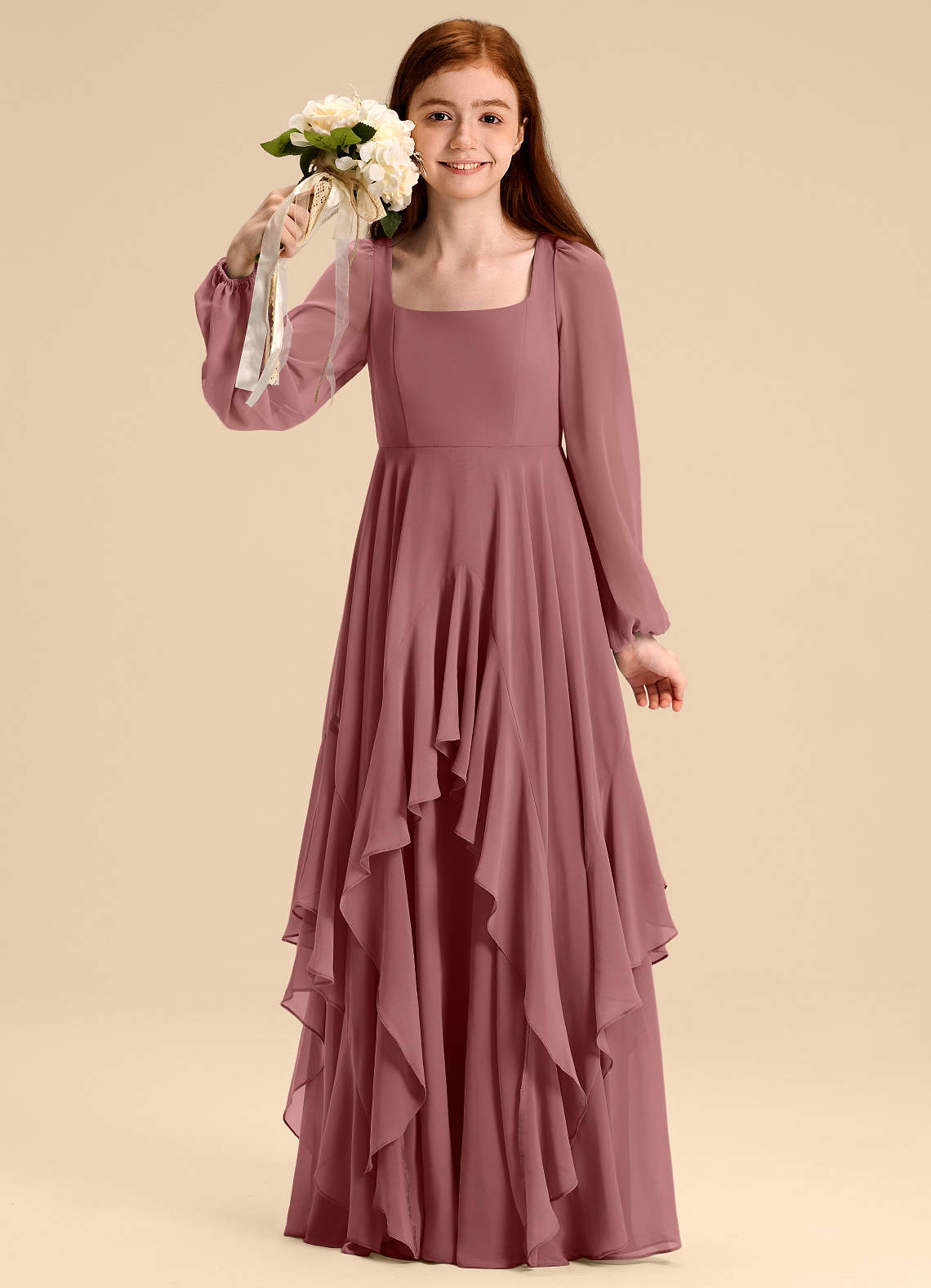 Azazie Clara Junior Robe Trapèze en Mousseline de soie Blouson Rose Du Désert image1
