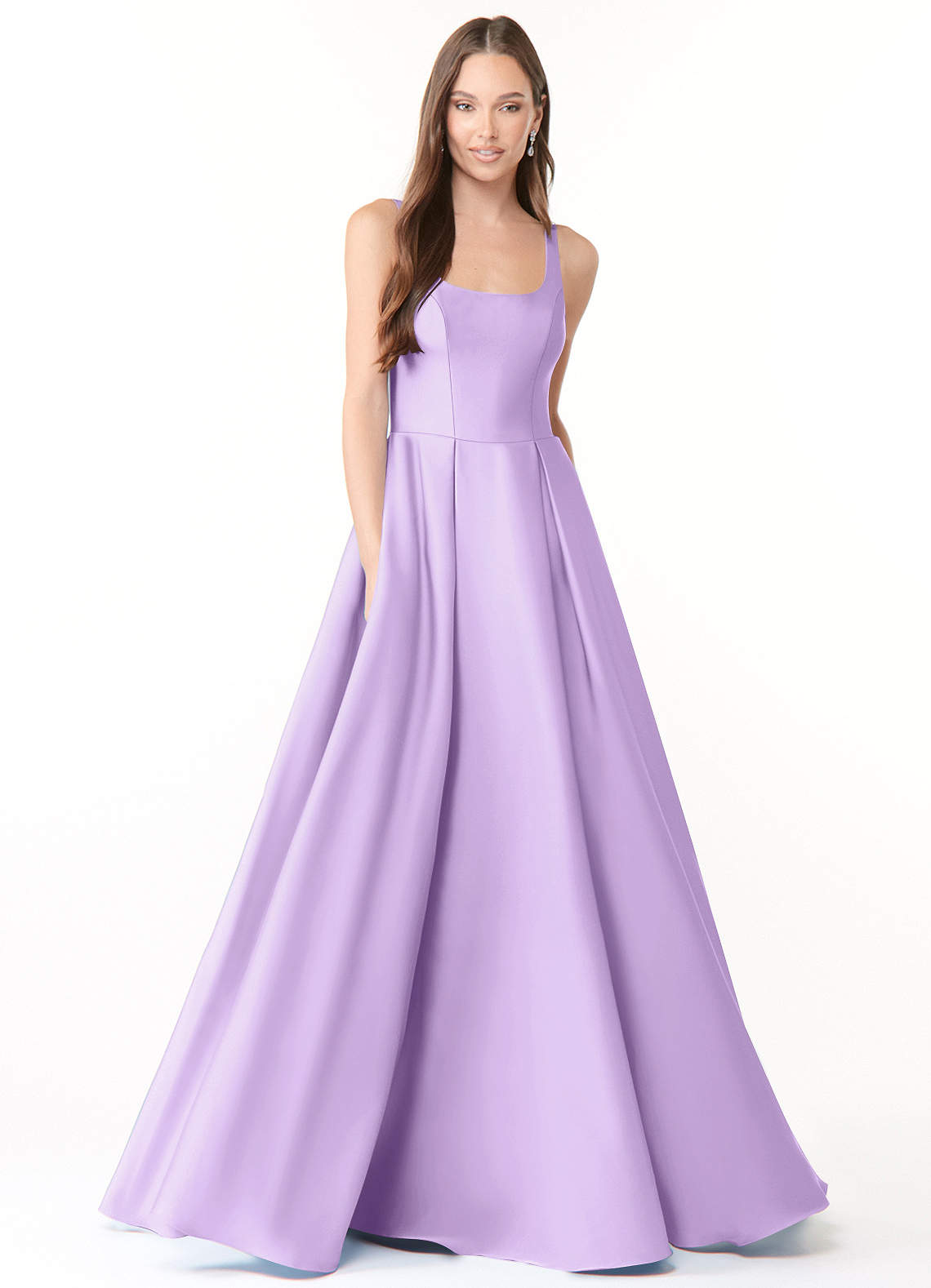 Azazie Neve Vestidos de damas de honor Vestido de Lila de Satén Elástico de Corte Princesa con Con bolsillos image1