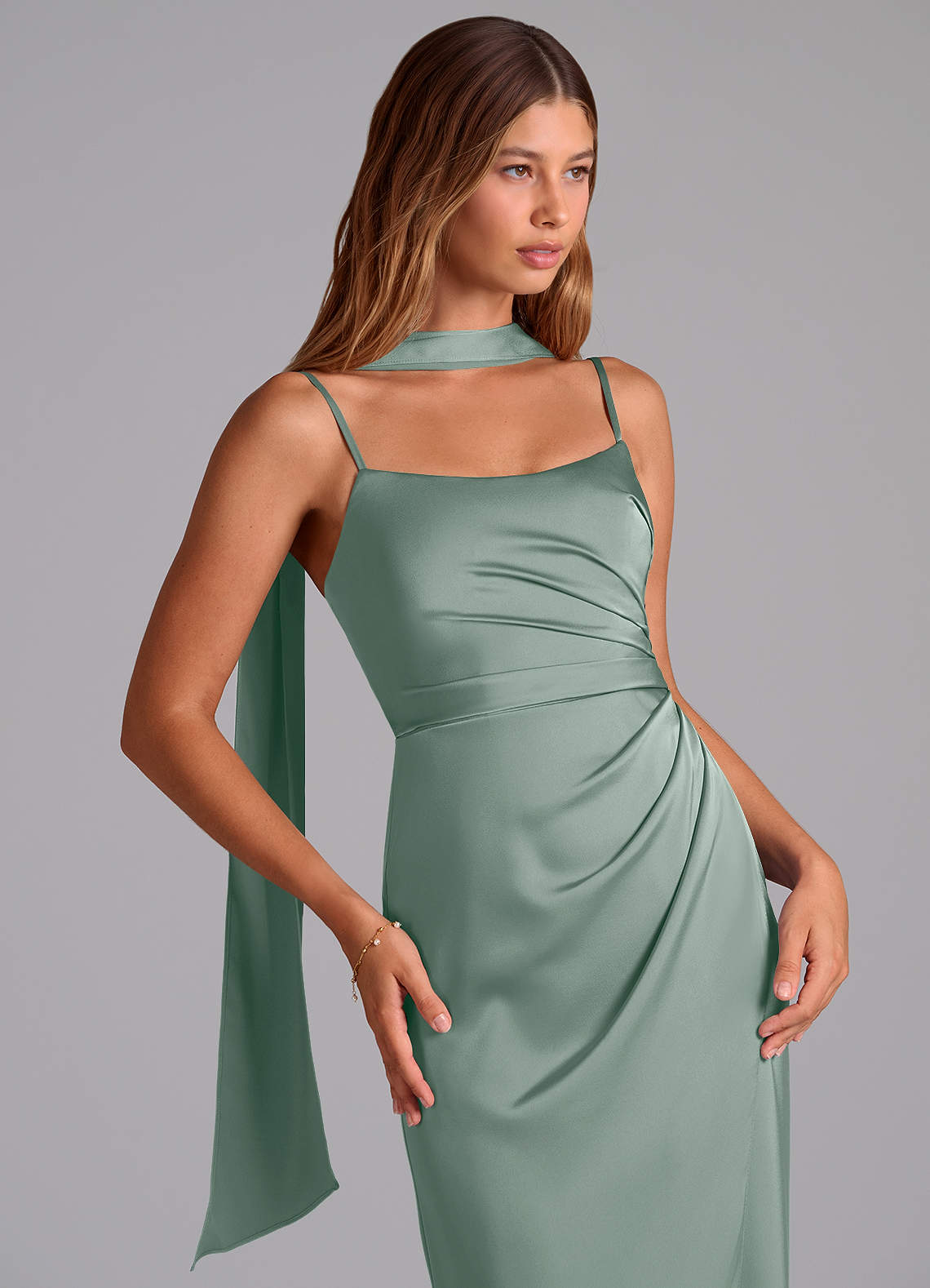 Azazie Calandra Brudtärnklänningar Klä av A-Linje i Stretch Satin Plisserad Silversalvia image4