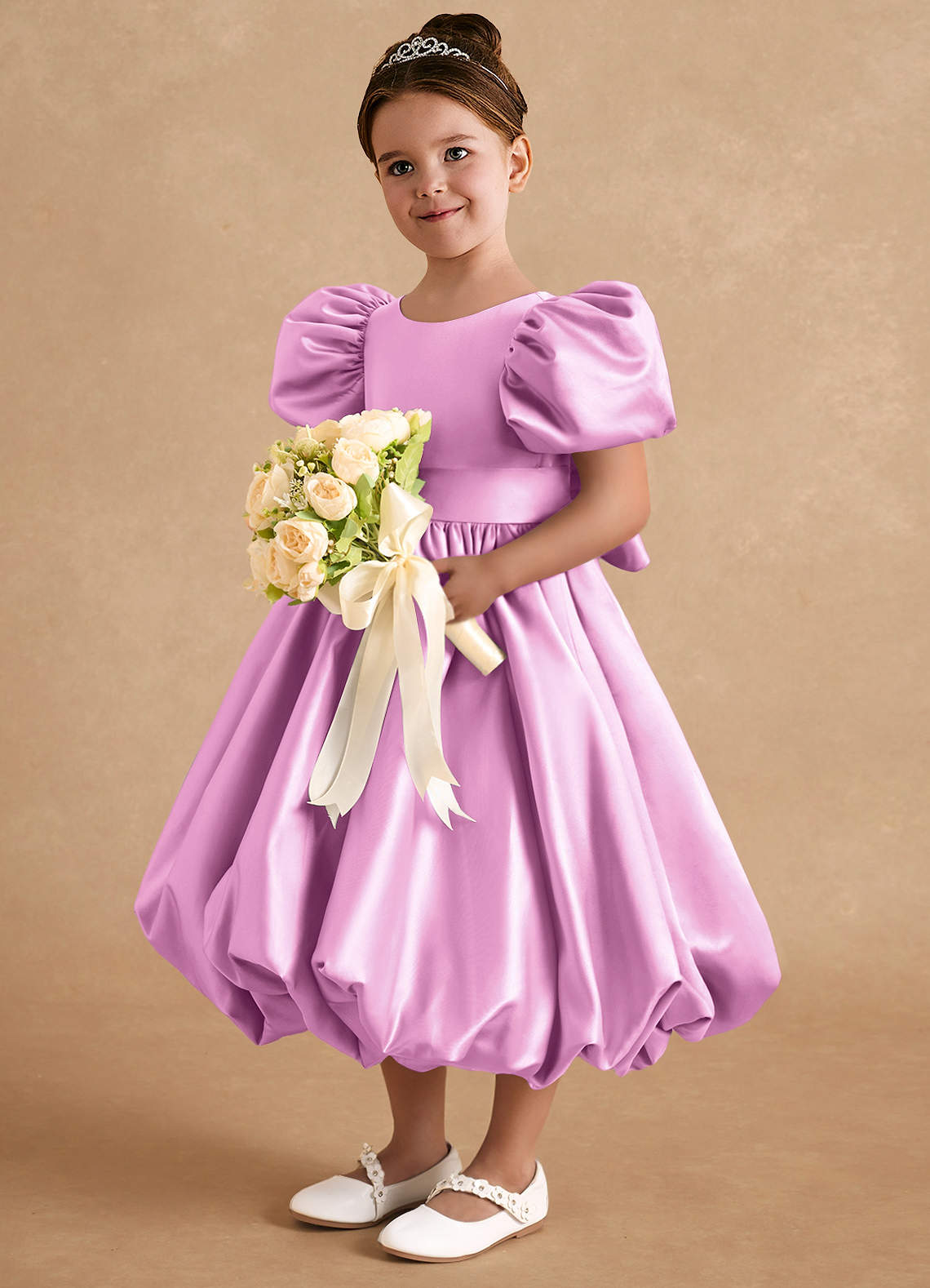 Azazie Jellybean Flower Girl Dresses Candy Pink Ball-Gown Ruched Matte Satin Dress image1