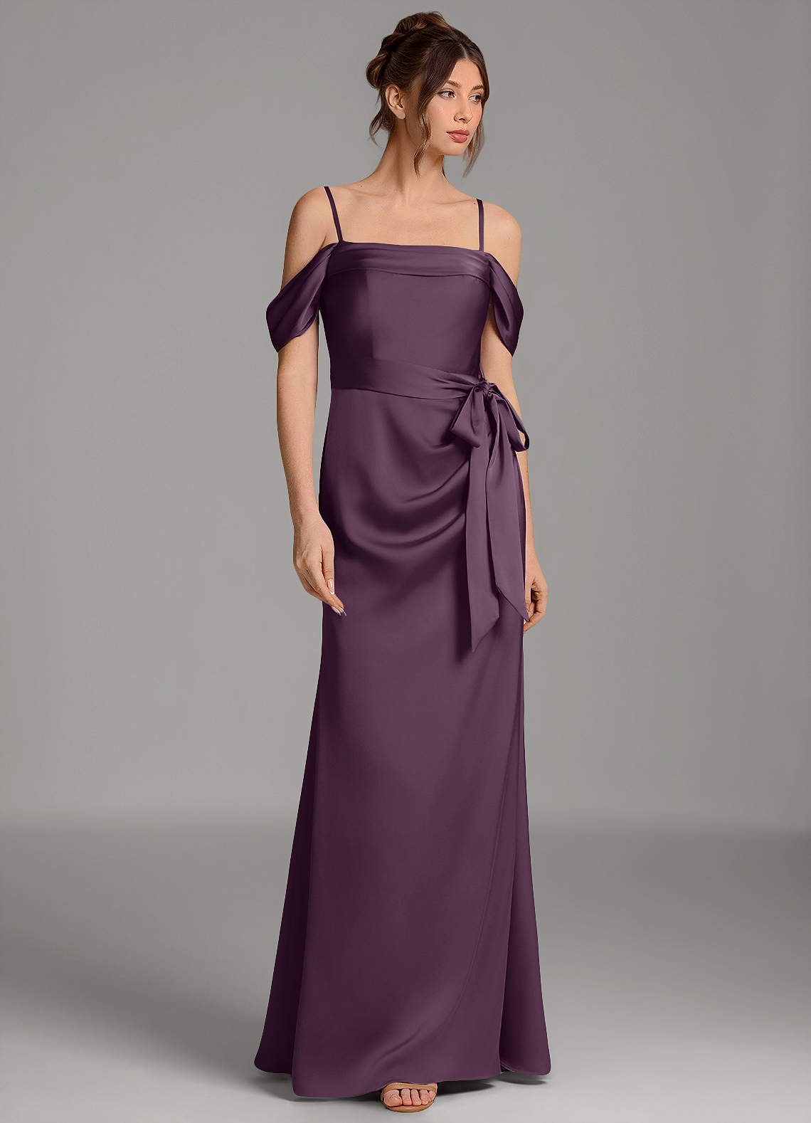 plum off the shoulder bridesmaid dress Azazie Wyatt Chiffon dress
