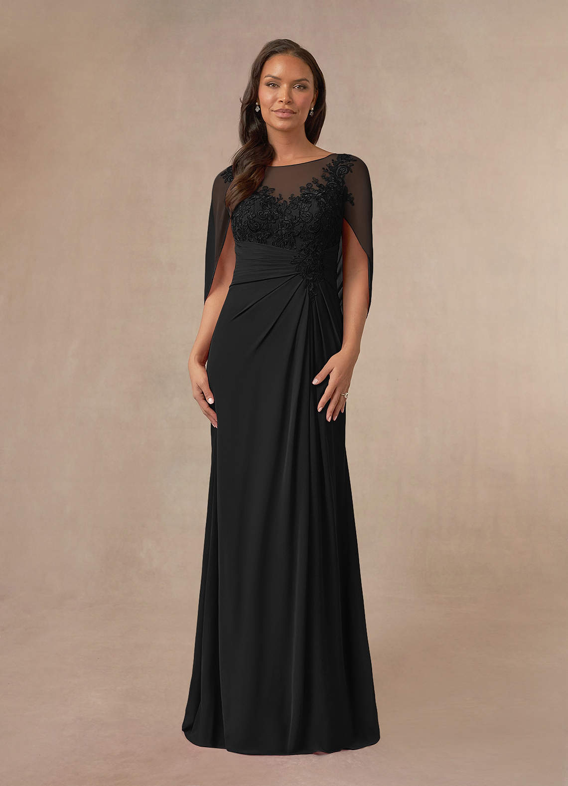 Azazie Hera Mother of the Bride Dresses Black A-Line Lace Capelet Chiffon Dress image1