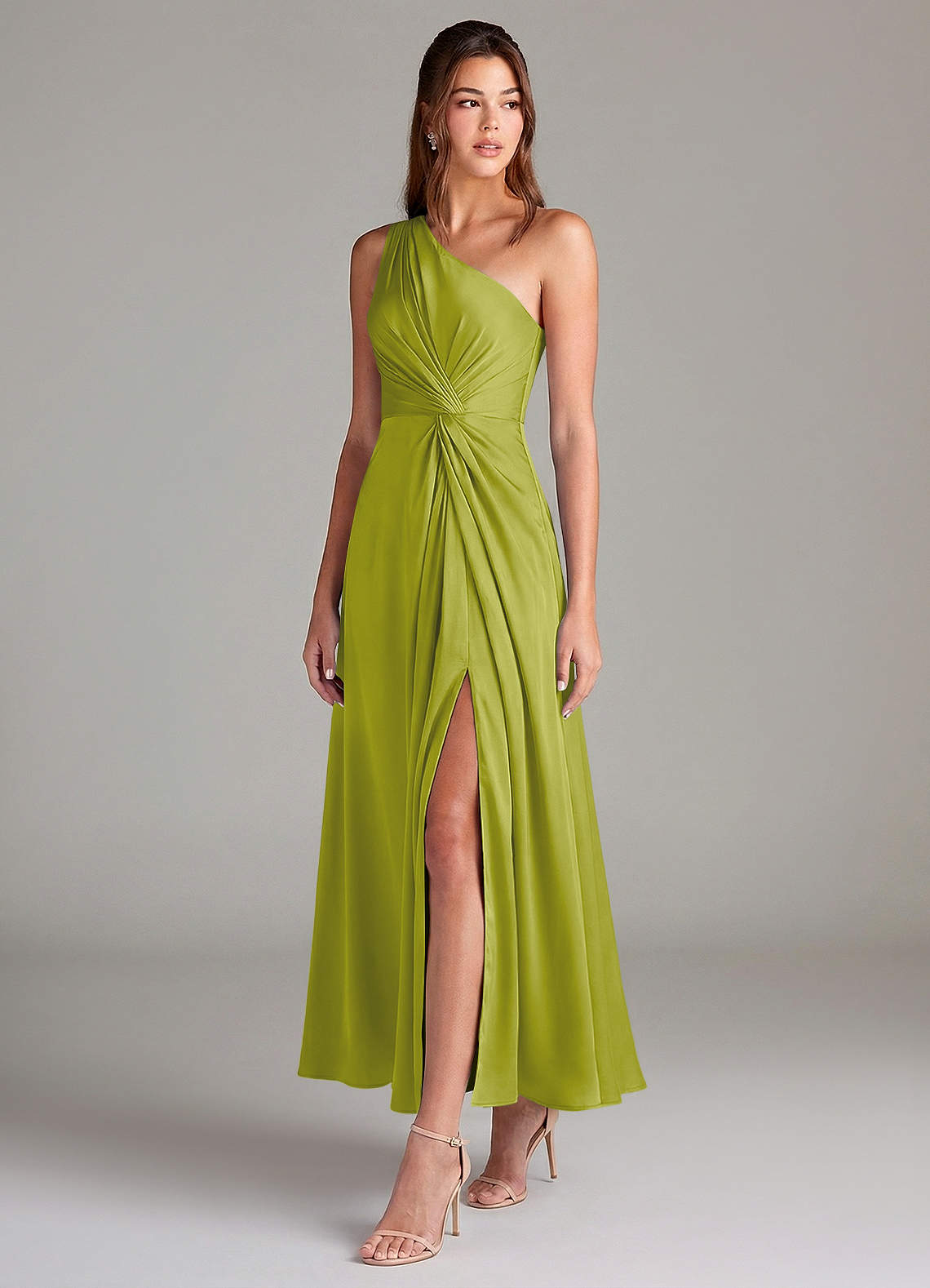 Azazie Brooke Jurken voor bruidsmeisjes Jurk van Stretch Satijn met A-Lijn One-Shoulder Citroengras image2
