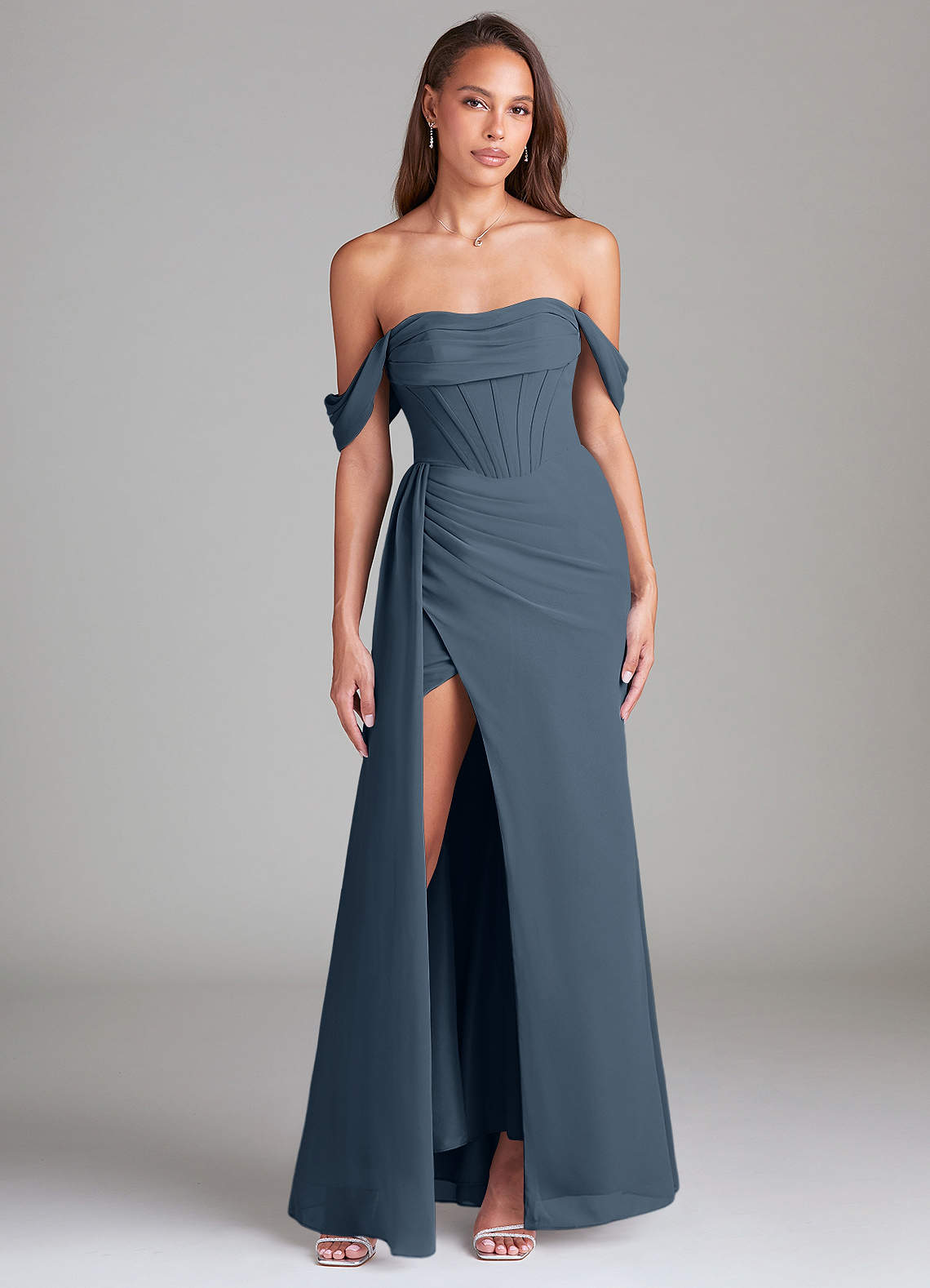 Azazie Amyra Bridesmaid Dresses Neptune Sheath Off the Shoulder Chiffon Convertible Dress image1