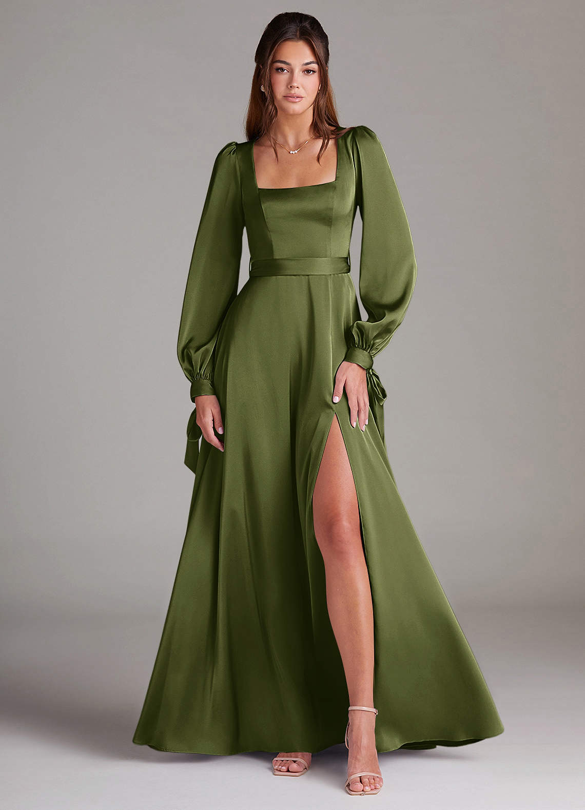 Azazie Leonia Bridesmaid Dresses Olive A-Line Long Sleeve Stretch Satin Dress image1