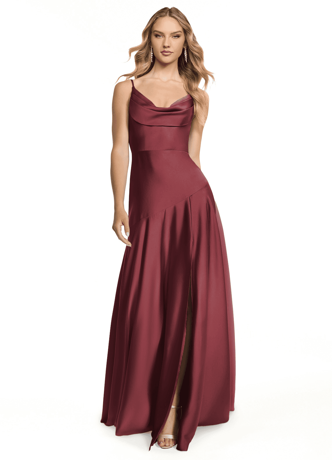 Azazie Kayla Vestidos de damas de honor Vestido de Merlot de Satén Elástico de Corte Recto con Corte Lateral image1