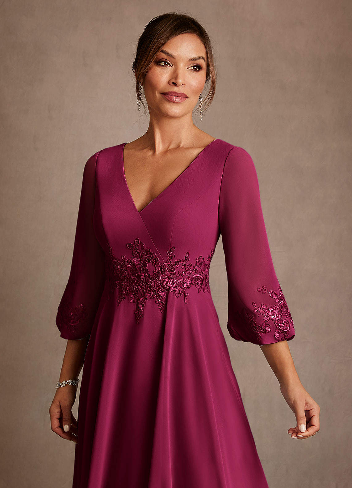 Azazie Yorba At-home Try On Dresses Burgundy A-Line Lace Chiffon Dress image4