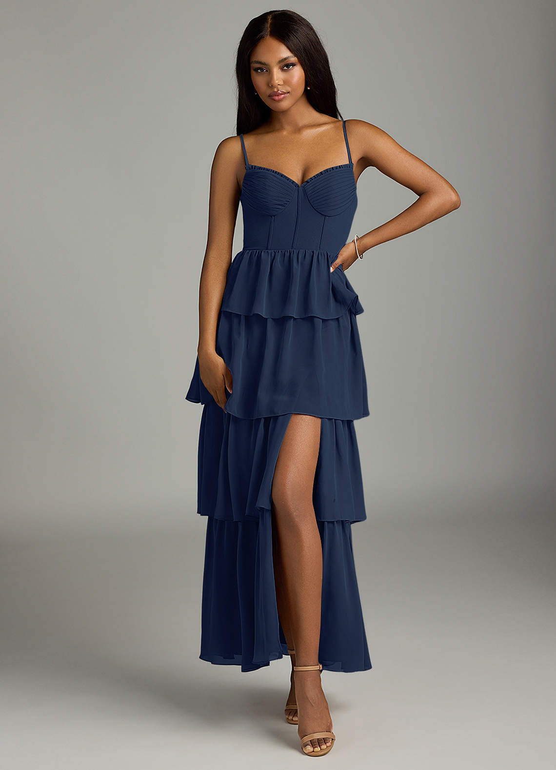 Azazie Kaiden Brautjungfernkleider A-Linie Herzausschnitt Chiffon Kleid Dunkelmarine image1