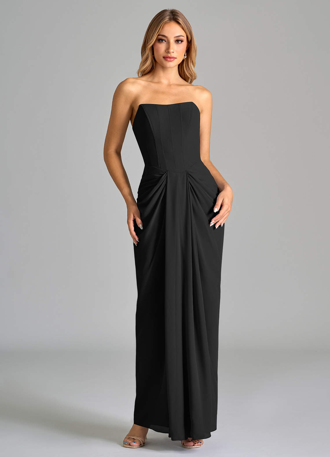 Azazie Anaïs Bridesmaid Dresses Black Sheath Strapless Chiffon Dress image1