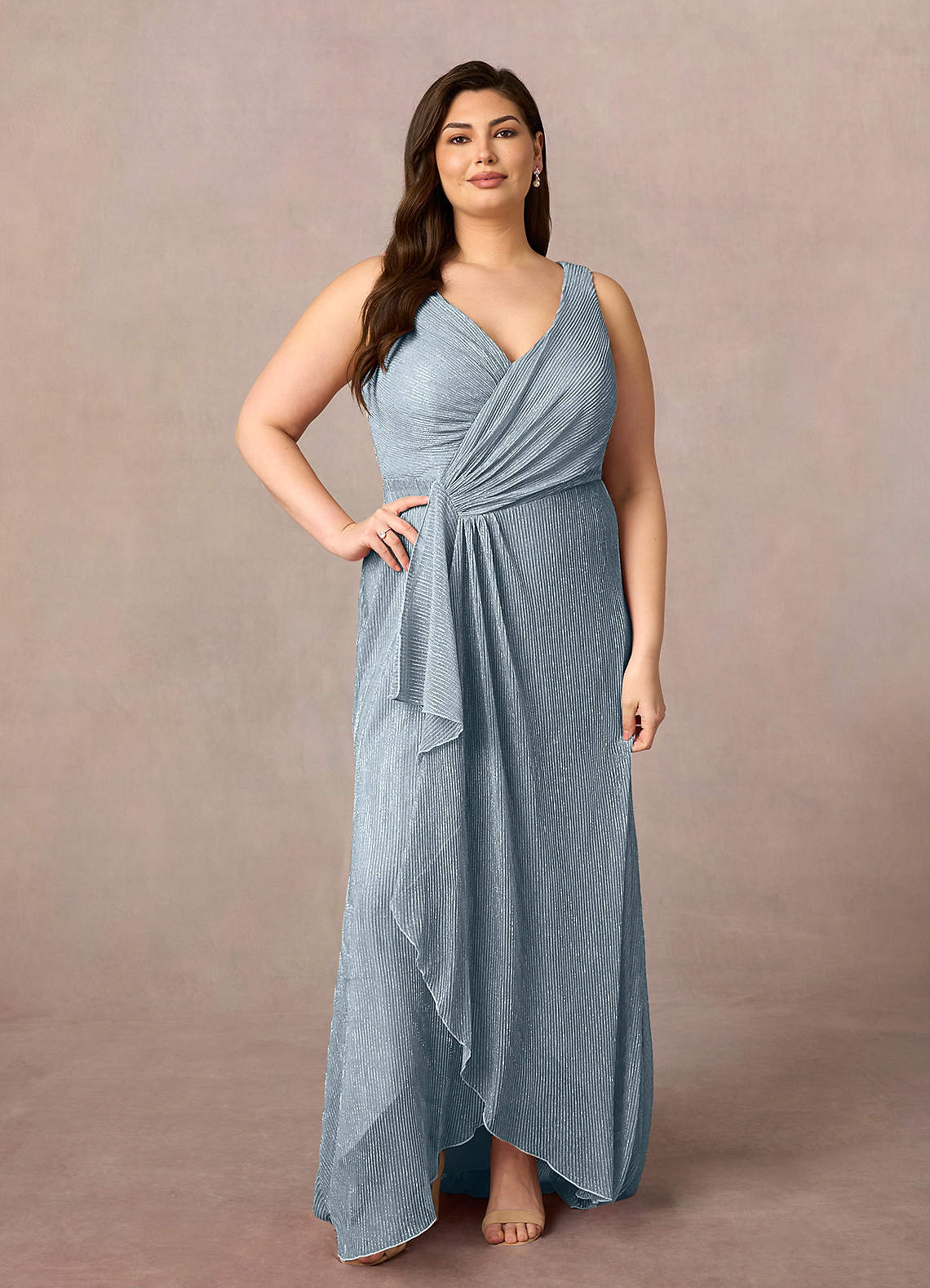 Azazie Tuscon Mother of the Bride Dresses Dusty Blue A-Line Ruched Metallic Mesh Dress image1
