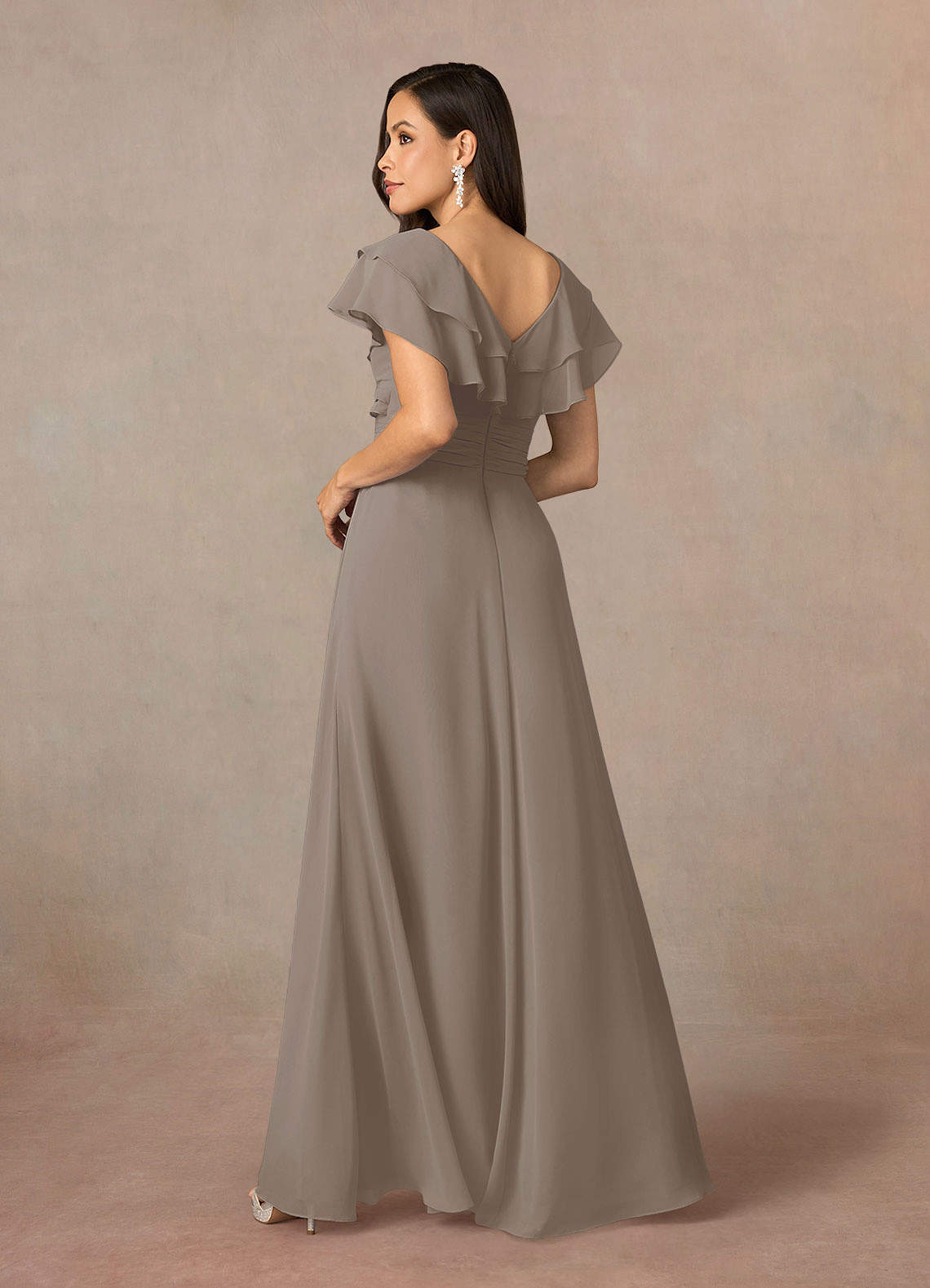 Azazie Snapdragon Taupe A-Line V-Neck Ruched Chiffon Dress | Azazie