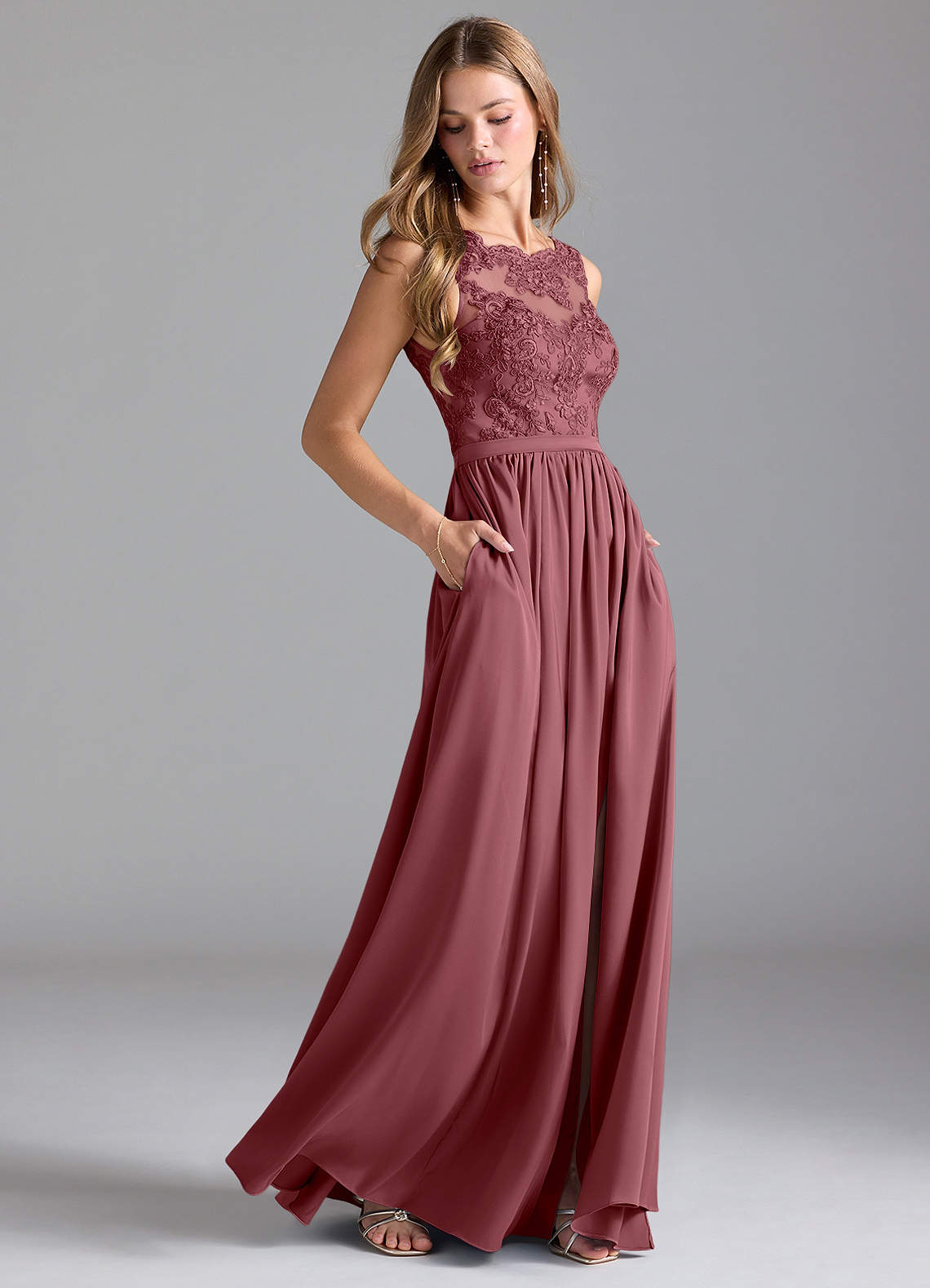 Azazie Elly Brautjungfernkleider A-Linie Spitze Stretch-Satin Kleid Wüstenrose image1