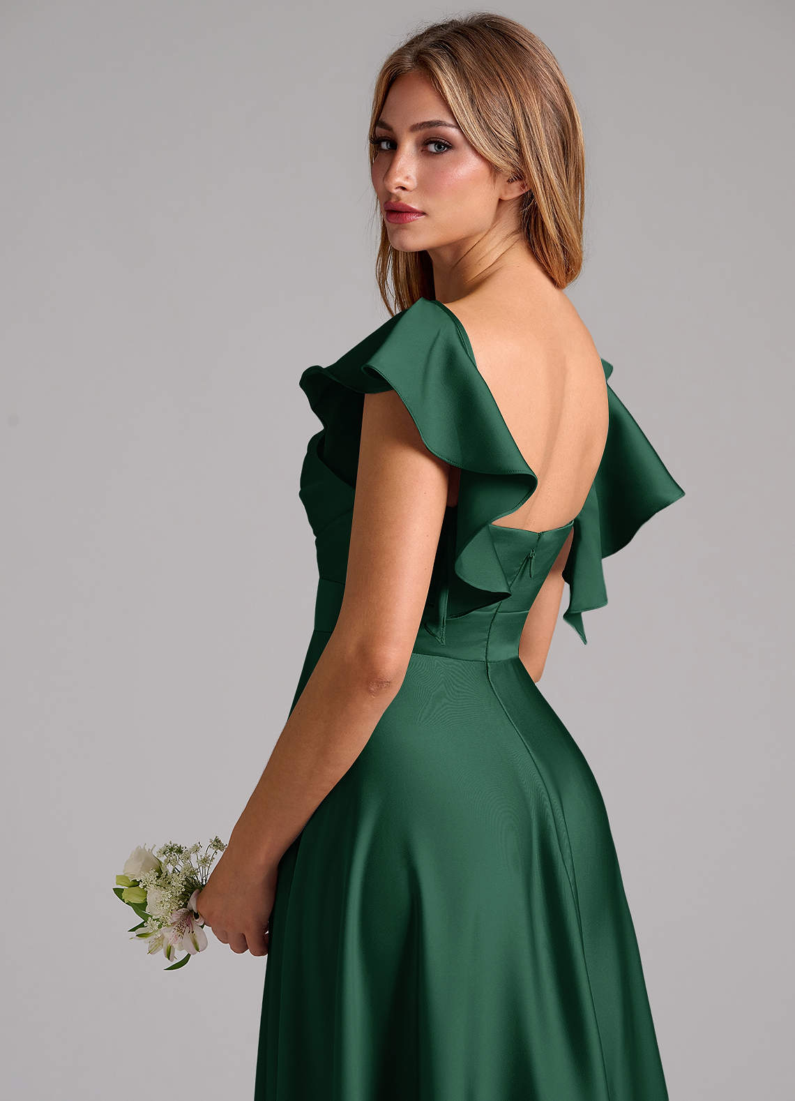 Azazie Leilani Bridesmaid Dresses Dark Green A-Line Ruched Stretch Satin Dress image8