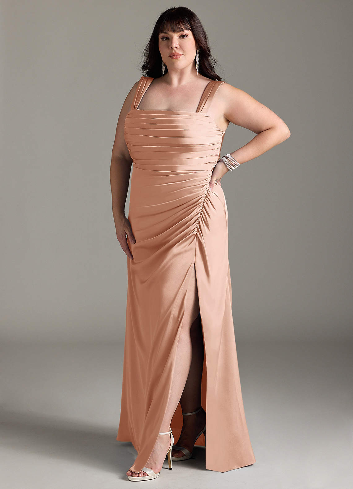 Azazie Sheath Square Neck Floor-Length Stretch Satin Bridesmaid Dresses - rose gold