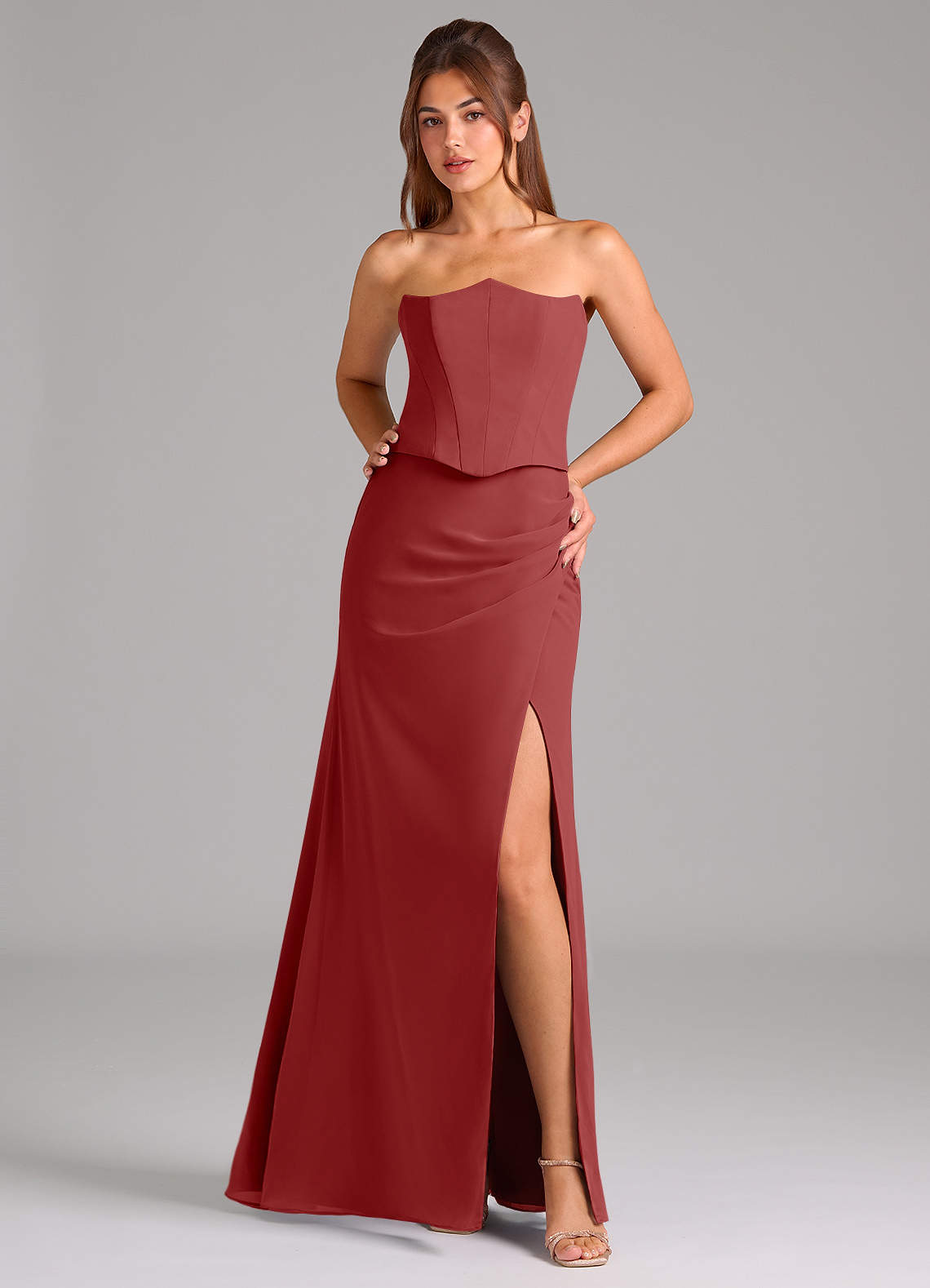 Azazie Jenine Bridesmaid Dresses Rust Mermaid Strapless Chiffon Dress image1