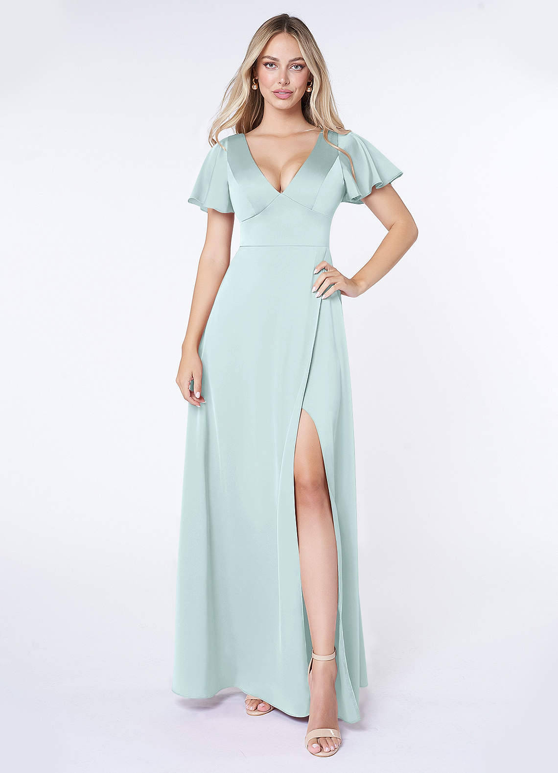 Azazie Lani Bridesmaid Dresses Sea Glass A-Line Flounce Sleeve Stretch Satin Dress image1