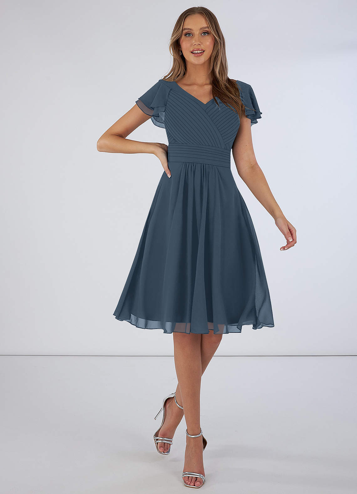 Azazie Hadley Kleider zum Anprobieren zu Hause A-Linie Plissee Chiffon Knielang Kleider image1
