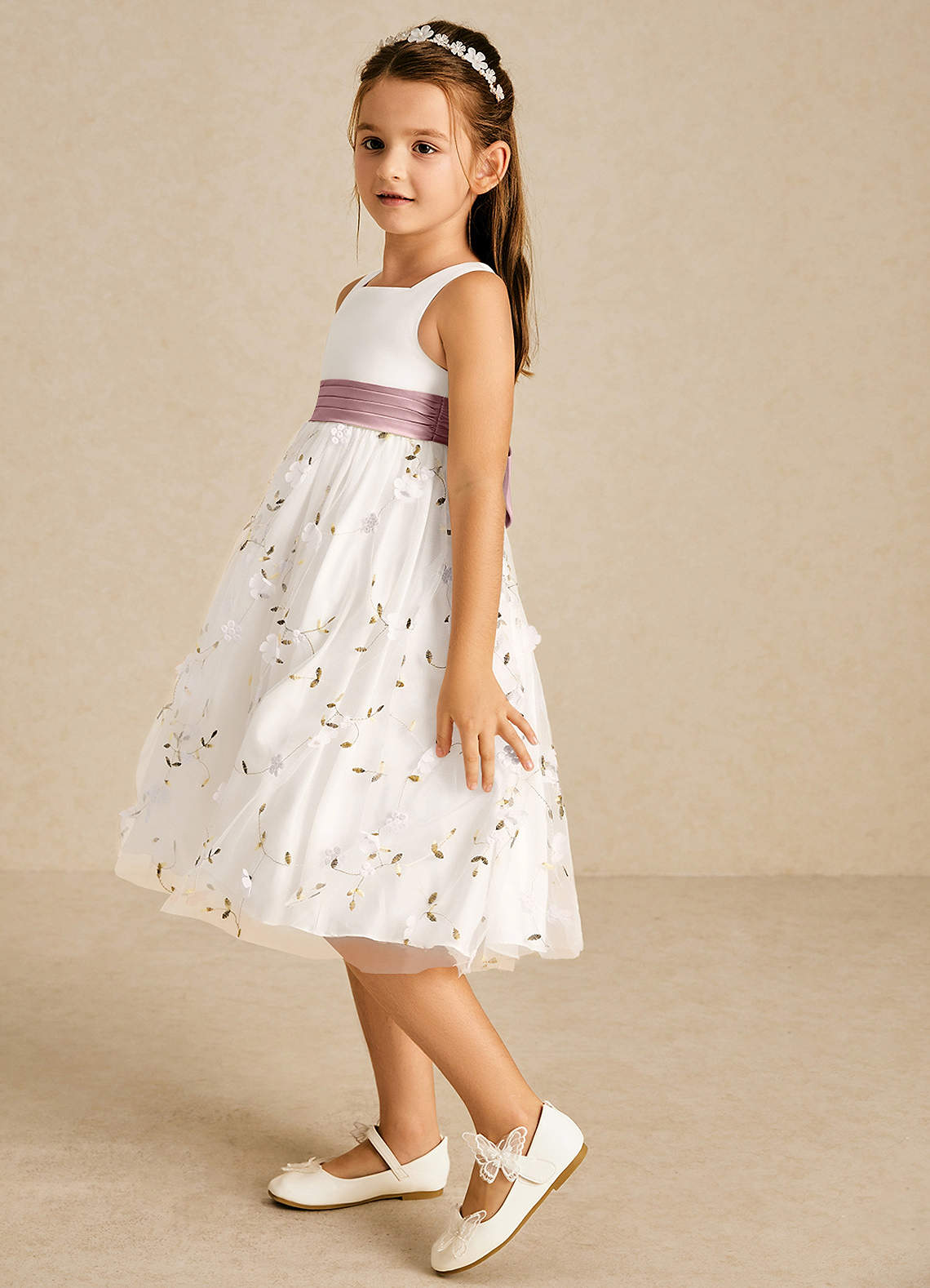 Azazie Pollie Flower Girl Dresses Ivory Dusty Rose A-Line Bow Tulle Dress image4