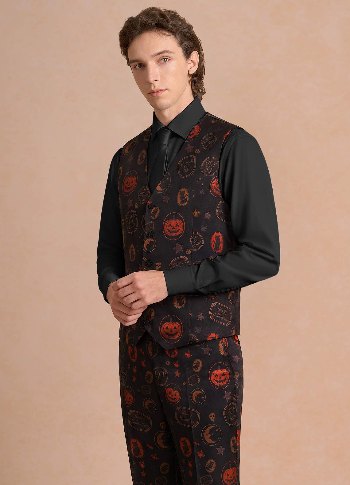 front Caleb Black Vintage Halloween Print Suit Vest