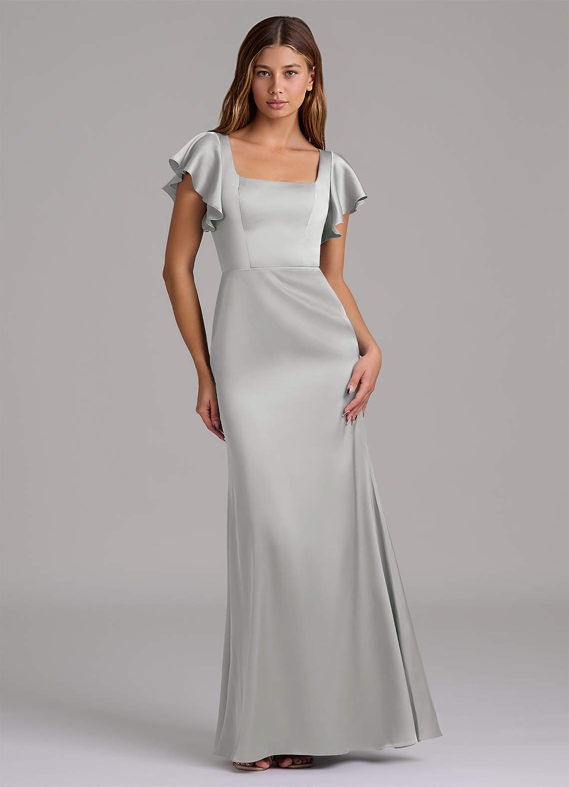 Azazie Elkie 신부 들러리 드레스 인어 스퀘어 네크라인 스트레치 새틴 바닥 길이 드레스 image1