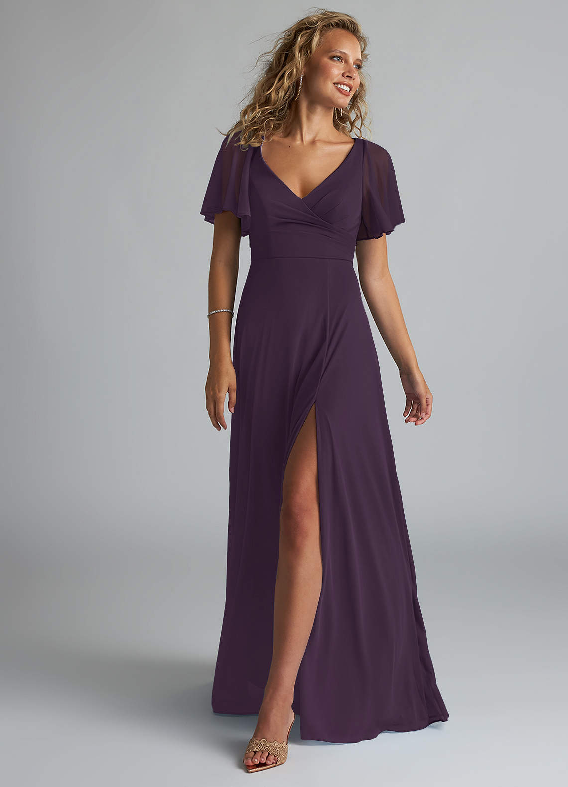 Azazie Induh Bridesmaid Dresses Plum A-Line Flutter V-neck Mesh Dress image1
