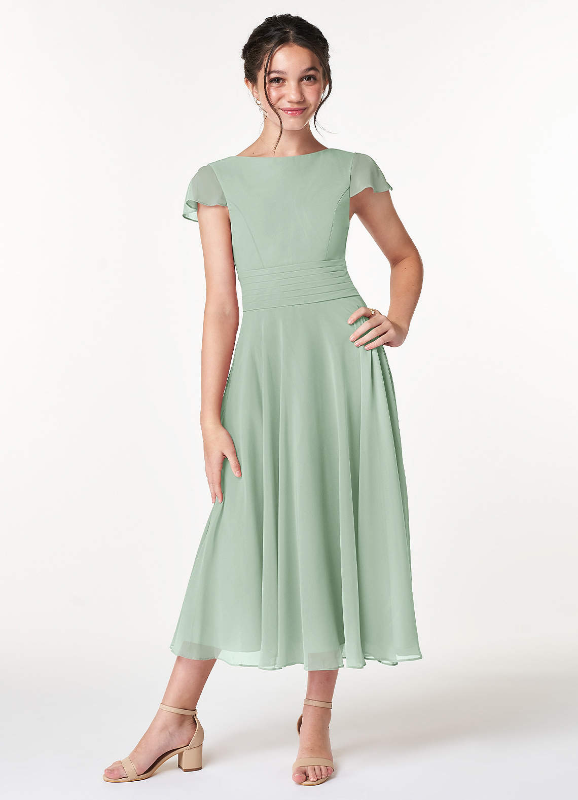 Azazie Payton A-Linie Schleifen Chiffon Kleider Agave image1