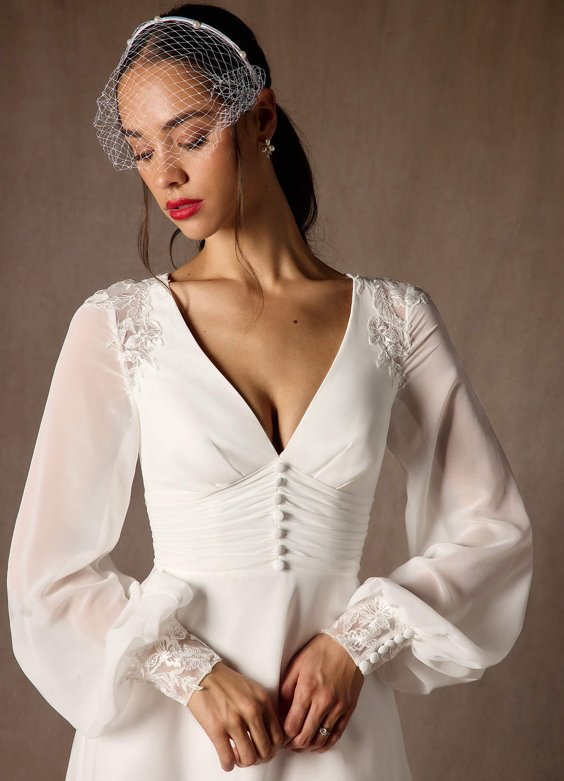 Azazie Amila At-home Try On Dresses Diamond White A-Line V-Neck Lace Chiffon Dress image4
