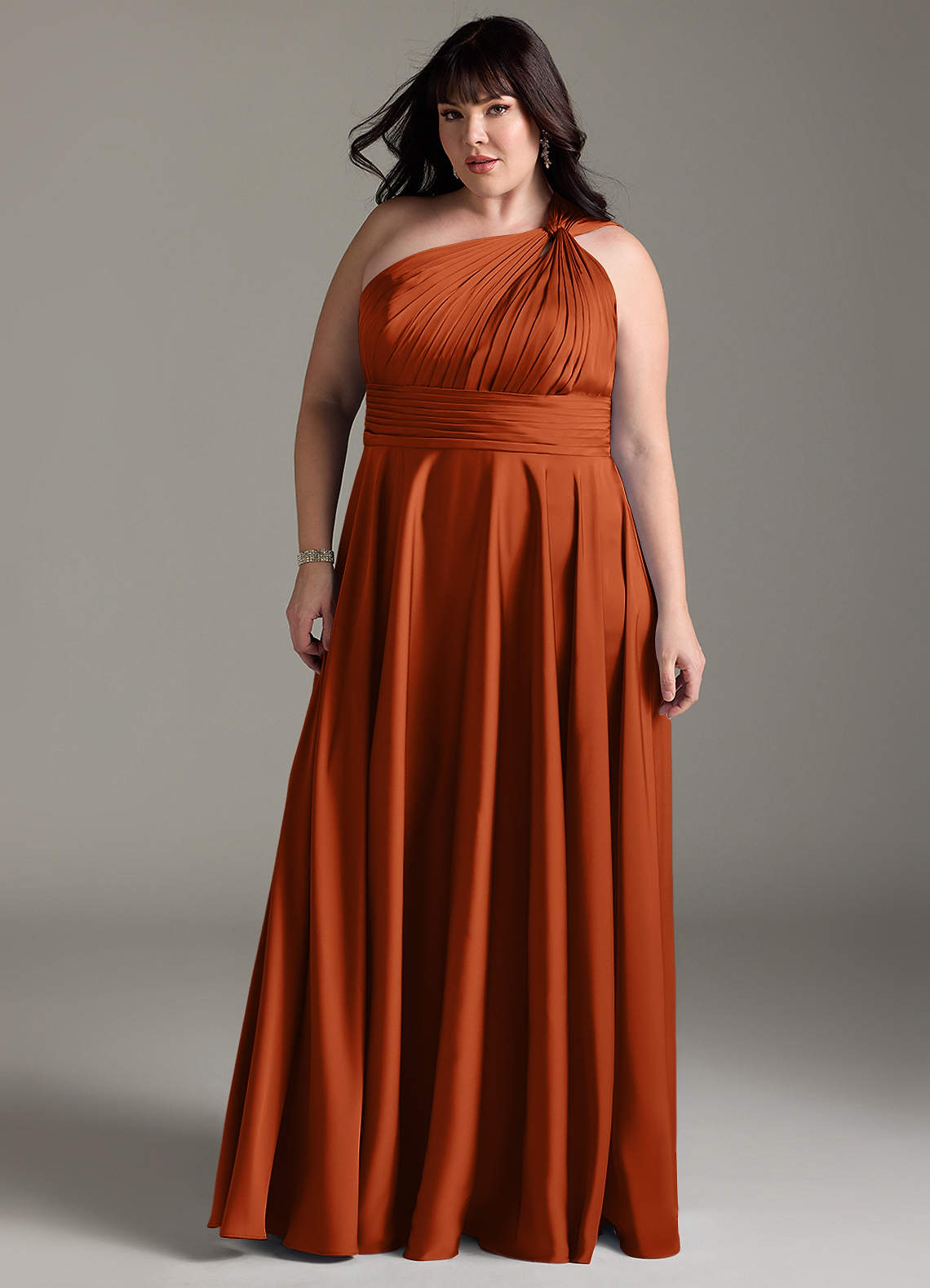 Azazie Charlize Bridesmaid Dresses Burnt Orange A-Line One Shoulder Stretch Satin Dress image12