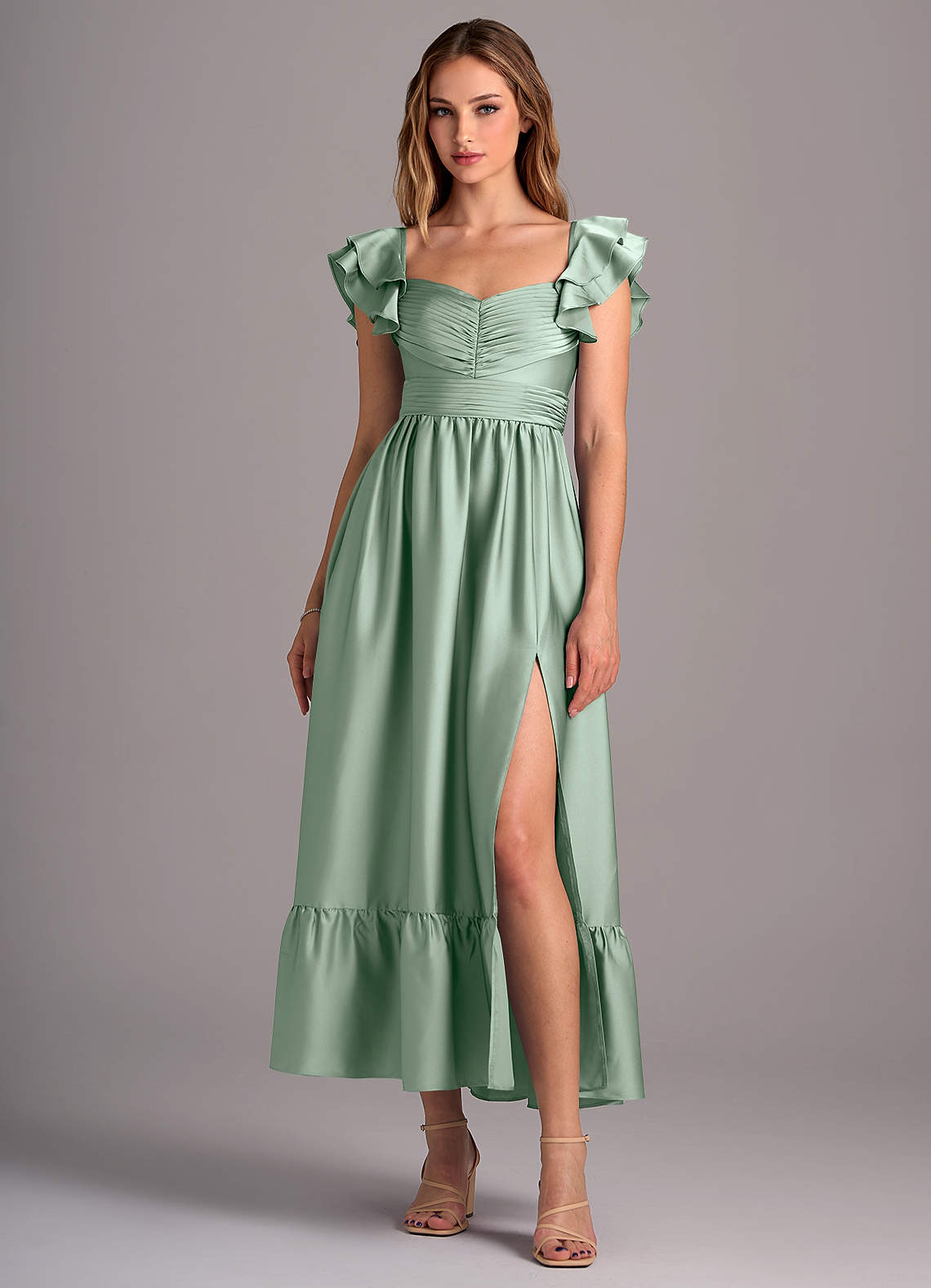 Azazie Anaya Brautjungfernkleider Wandelbar A-Linie Herzausschnitt Stretch-Satin Kleid Agave image1