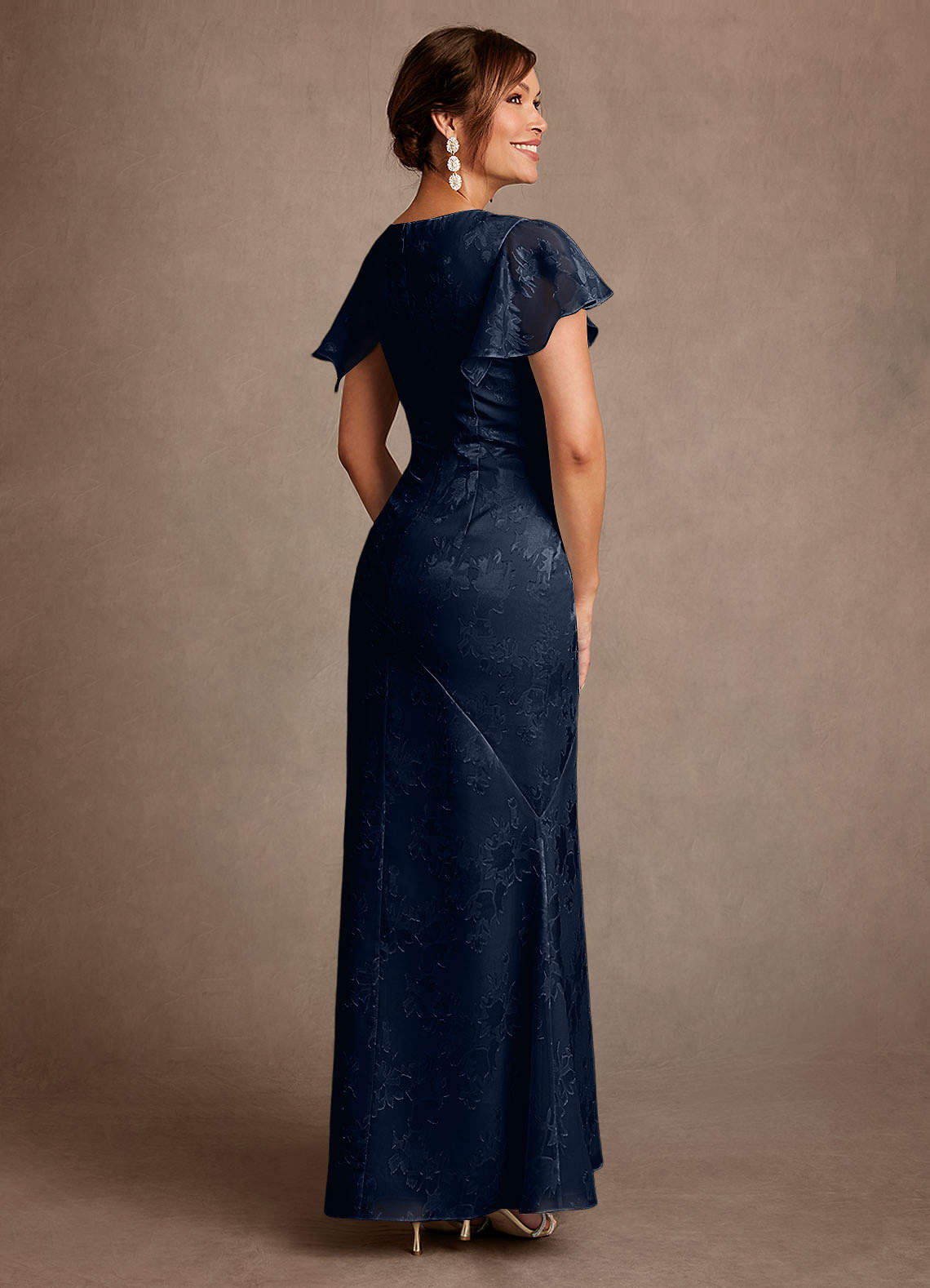Azazie Dorina Final Sale Dark Navy Sheath Pleated Floral Jacquard Dress image1