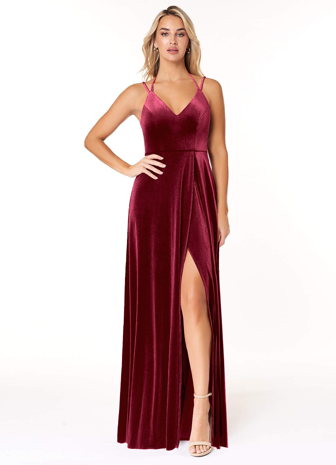 Azazie Sora Bridesmaid Dresses Burgundy A-Line Halter Bow Velvet Dress image1
