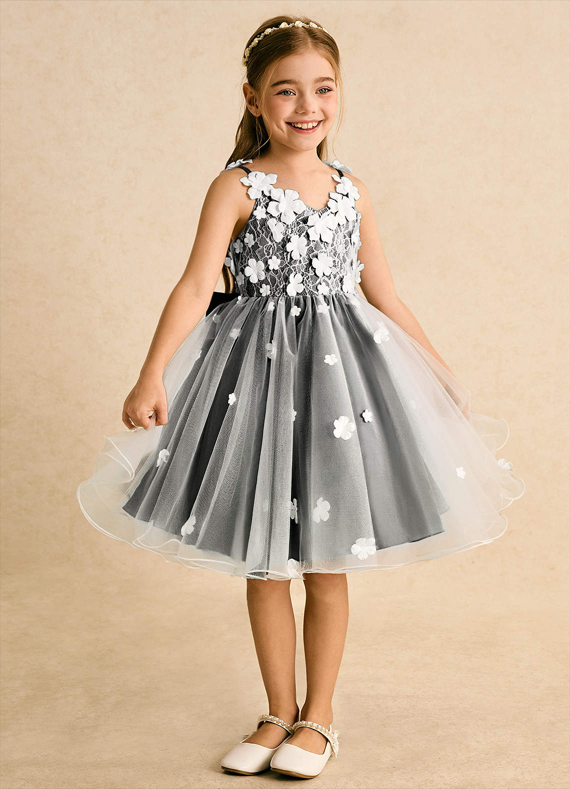 Azazie Junebug Robe Demoiselle D'honneur Fillette Robe Princesse en Tulle Dentelle Ivoire Noir image4