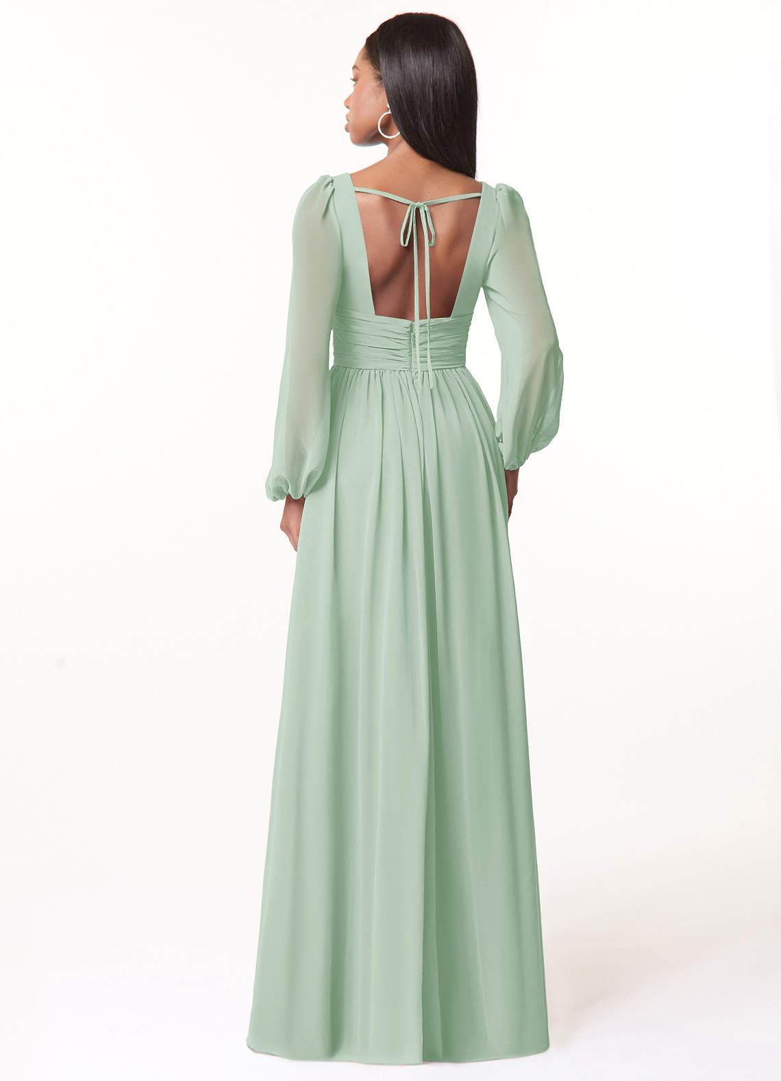 Azazie Norah Bridesmaid Dresses Agave A-Line V-Neck Long Sleeve Chiffon Dress image1