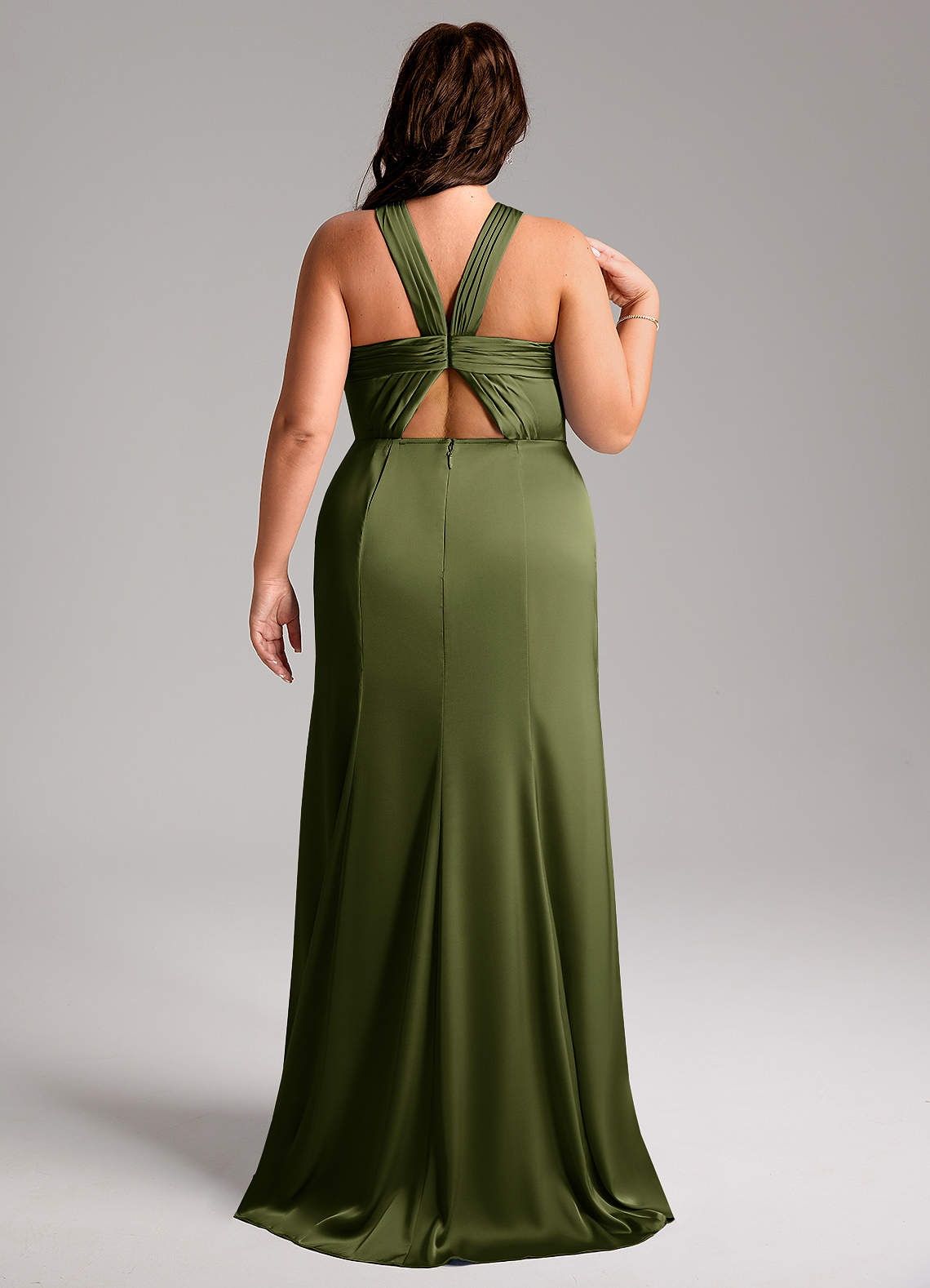 Azazie Rue Vestidos de madrinha de casamento Vestido Oliva de Cetim elástico de sereia com Plissado image8