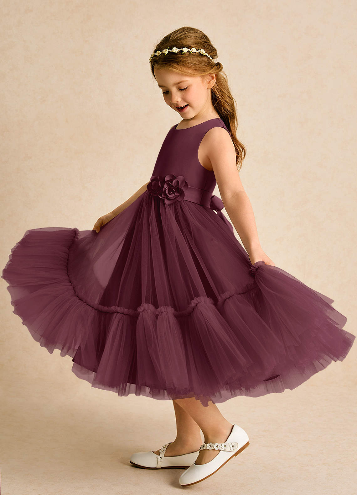 Azazie Miracle Robe Demoiselle D'honneur Fillette Robe Trapèze en Mat Satiné Arc Cabernet image1
