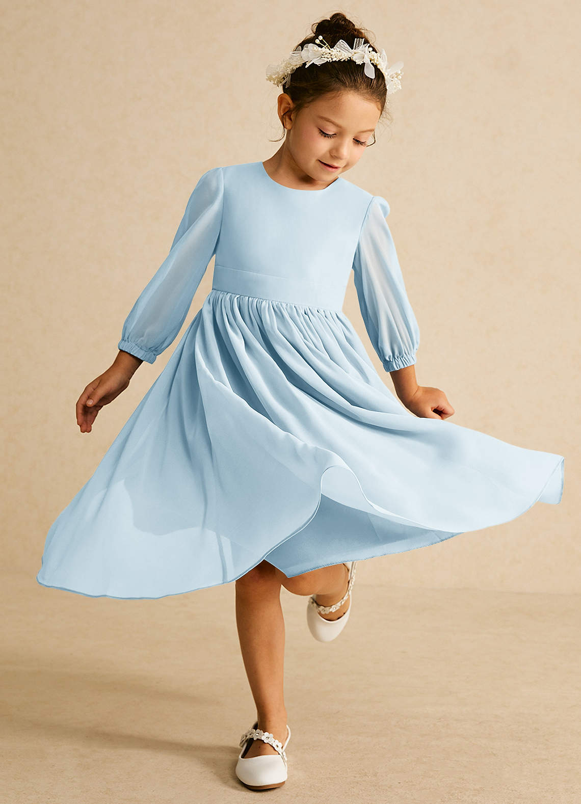 Azazie Lolo Flower Girl Dresses Sky Blue A-Line with Sleeves Chiffon Dress image1