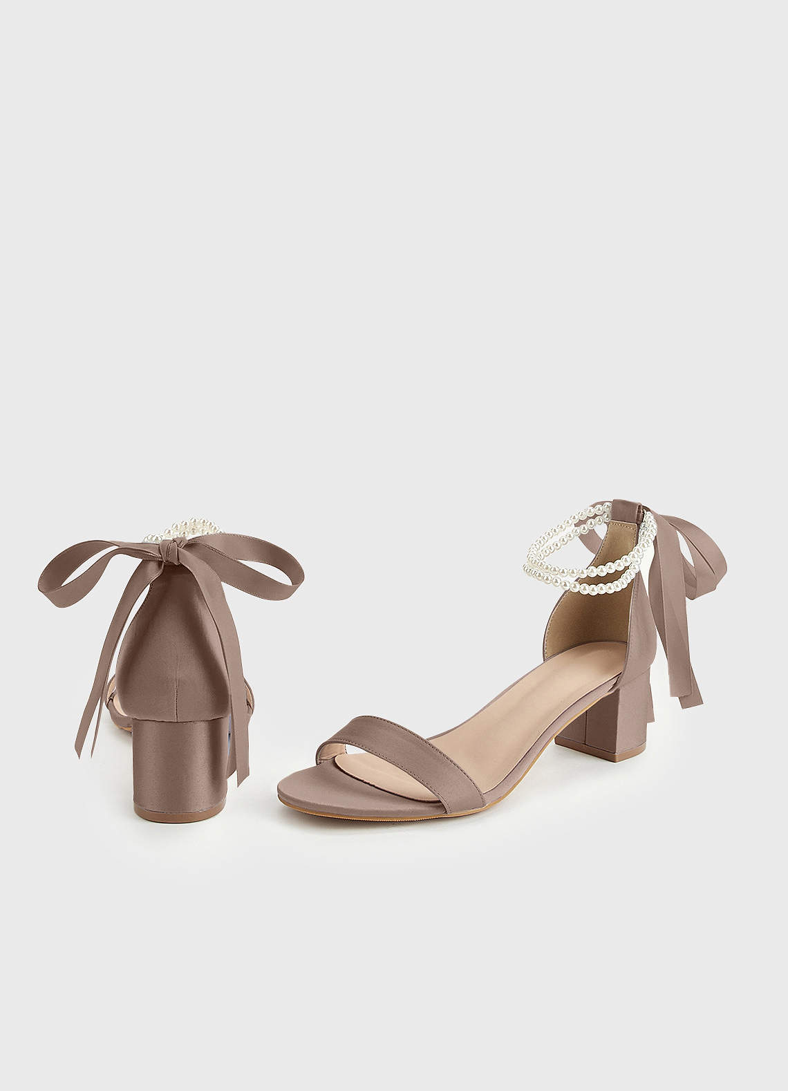 front Matching Color Matte Satin Pearl and Bow Open Toe Chunky Heel Sandals