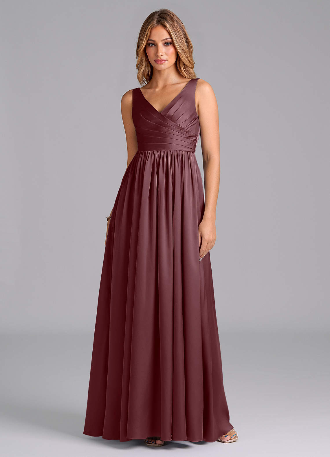 Azazie Keyla Bridesmaid Dresses Sangria A-Line Pleated Stretch Satin Dress image1