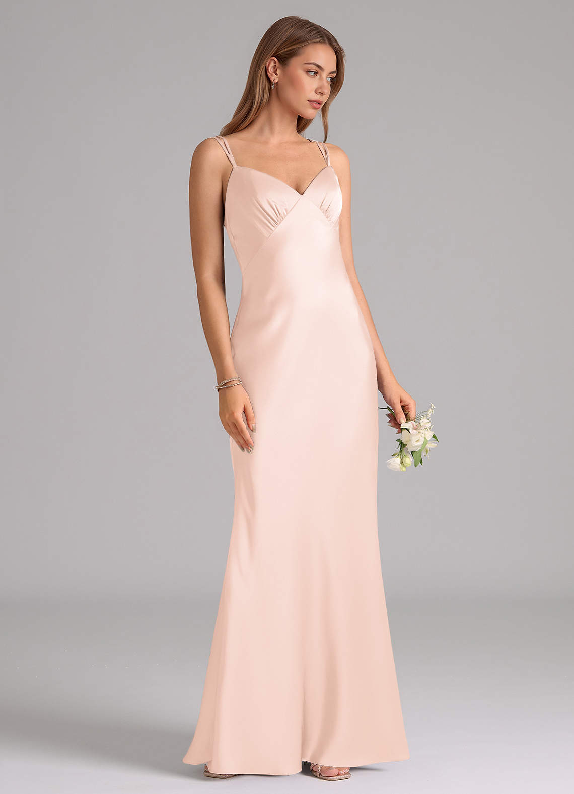 Azazie Suttona Vestidos de damas de honor Vestido de Rosa Rubor de Satén Elástico de Corte en A con Plisado image1