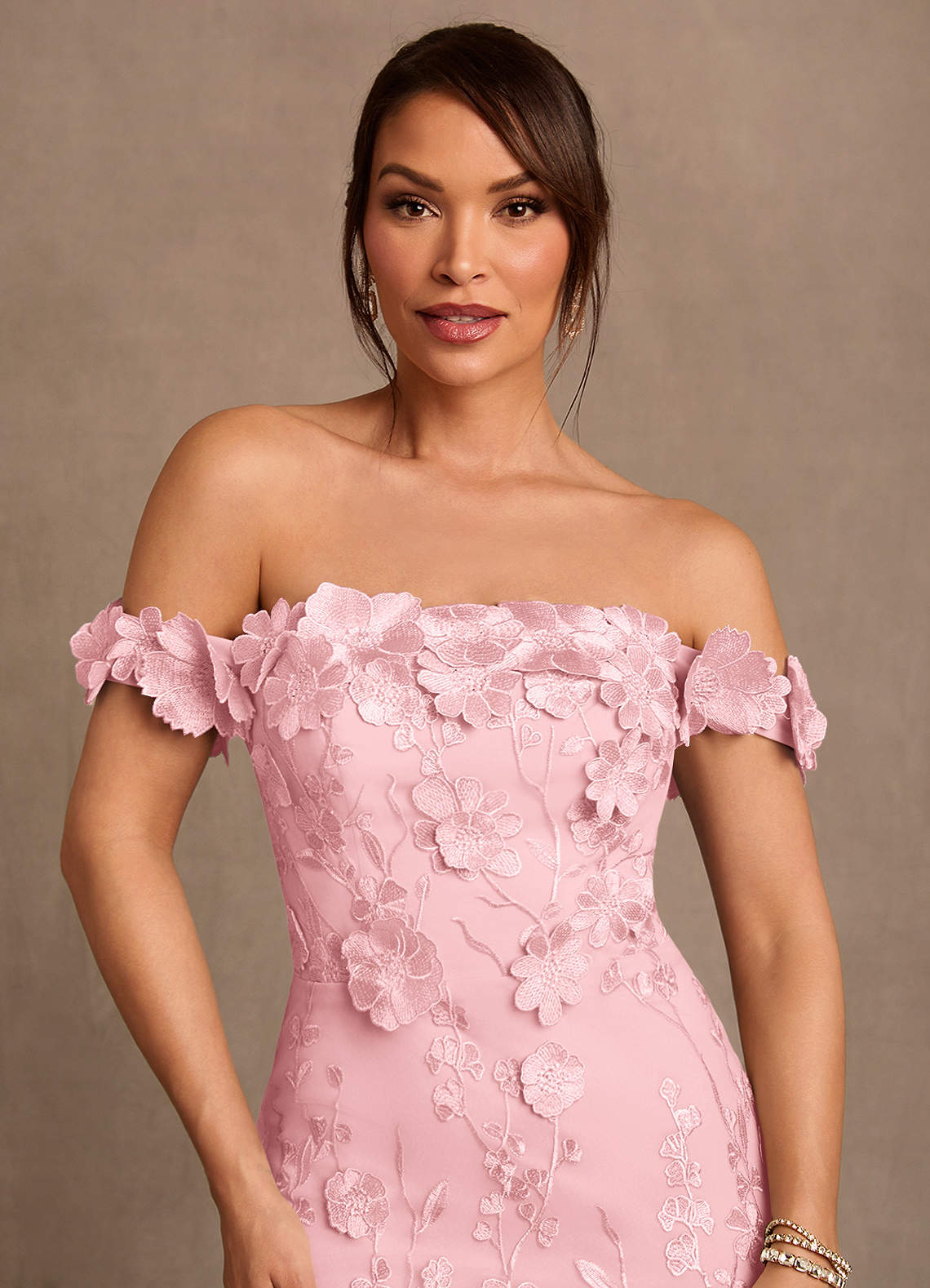 Azazie Lotta Mother of the Bride Dresses Blushing Pink Mermaid Off the Shoulder Lace Dress image4