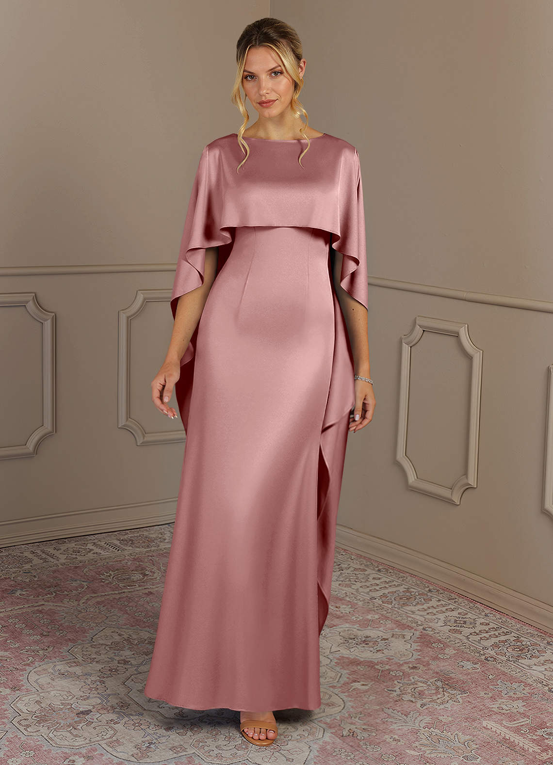 Azazie Eli Mother of the Bride Dresses Dusty Rose Sheath Boatneck Stretch Satin Dress image3