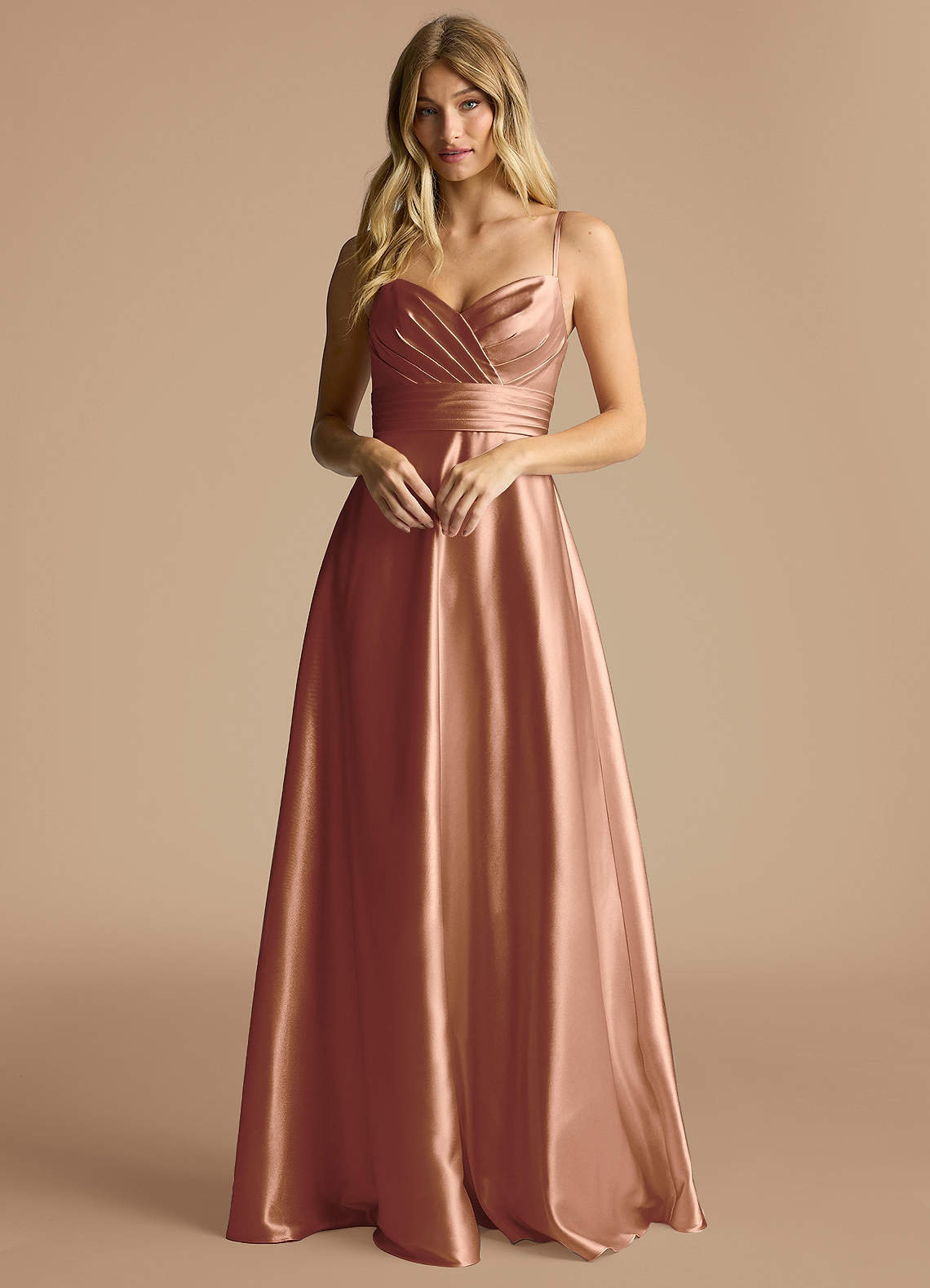 Azazie Oliana Bridesmaid Dresses Bronzer A-Line Pleated Metallic Satin Dress image1