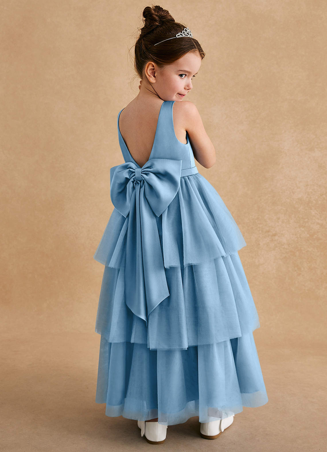 Azazie Megallie Flower Girl Dresses Steel Blue A-Line Bow Tulle Dress image1