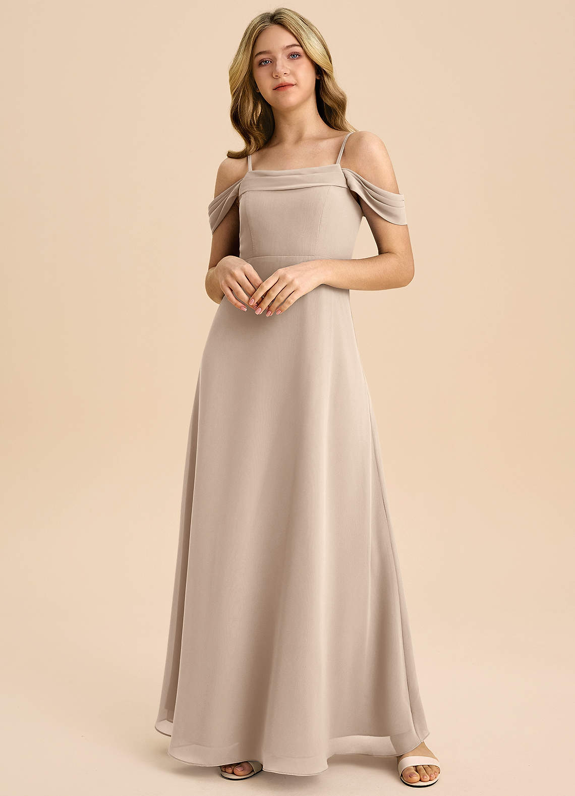 Azazie Anselie Junior A-Linie Schulterfrei Chiffon Kleid Taupe image2