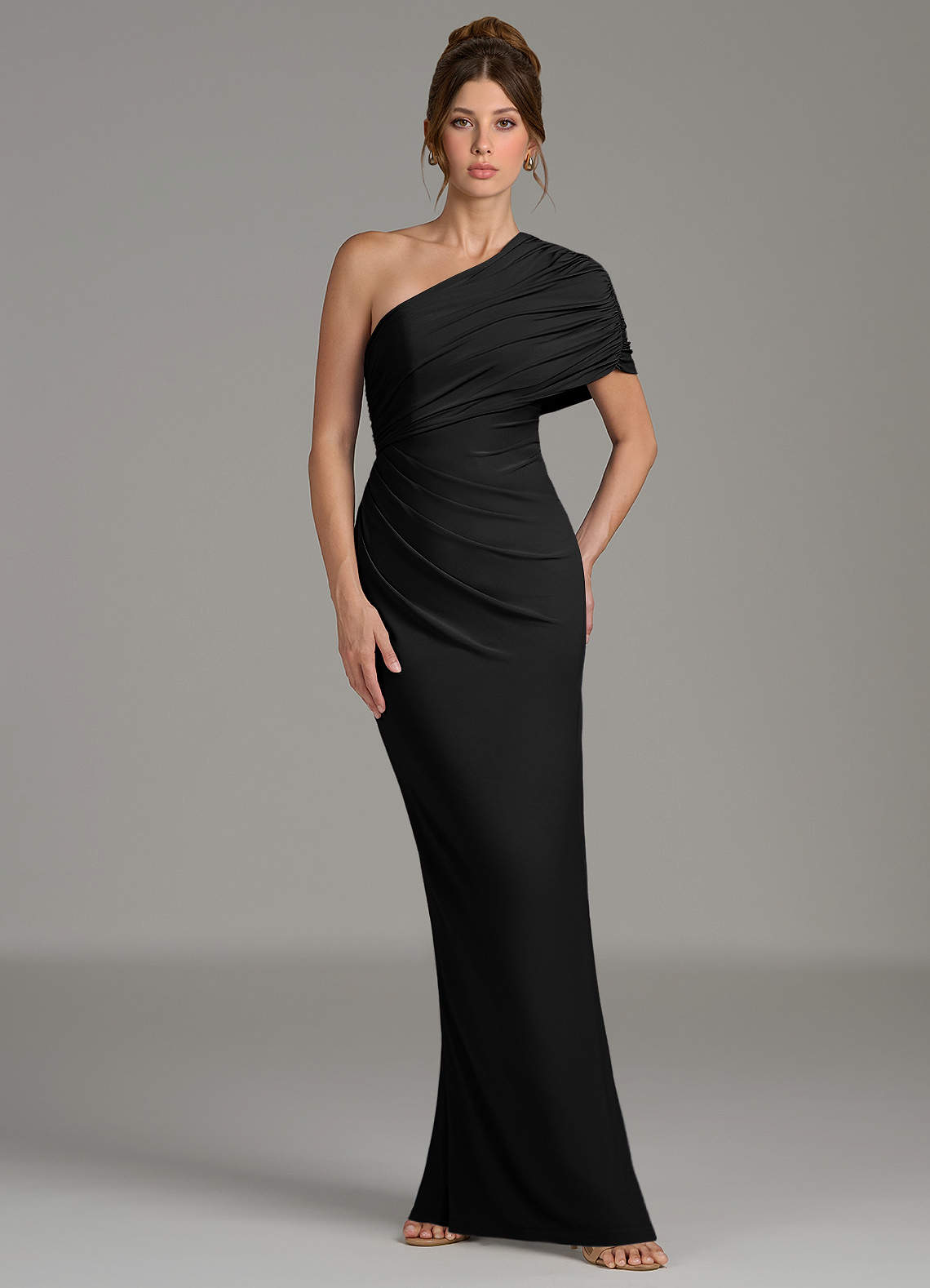black one shoulder jersey dress Azazie Essence Ready to Ship Premium Stretch Bridesmaid Dresses Casual